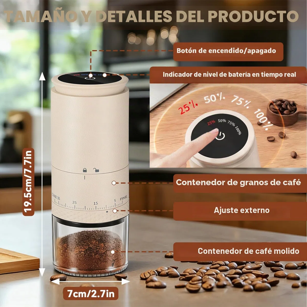 Molino de Café Eléctrico Portátil, Molinillo de Café con Muelas Cónicas de Cerámica, 2000mAH Recargable USB, Ideal para Hogar, Oficina, Campamento y Viajes (blanco, L)