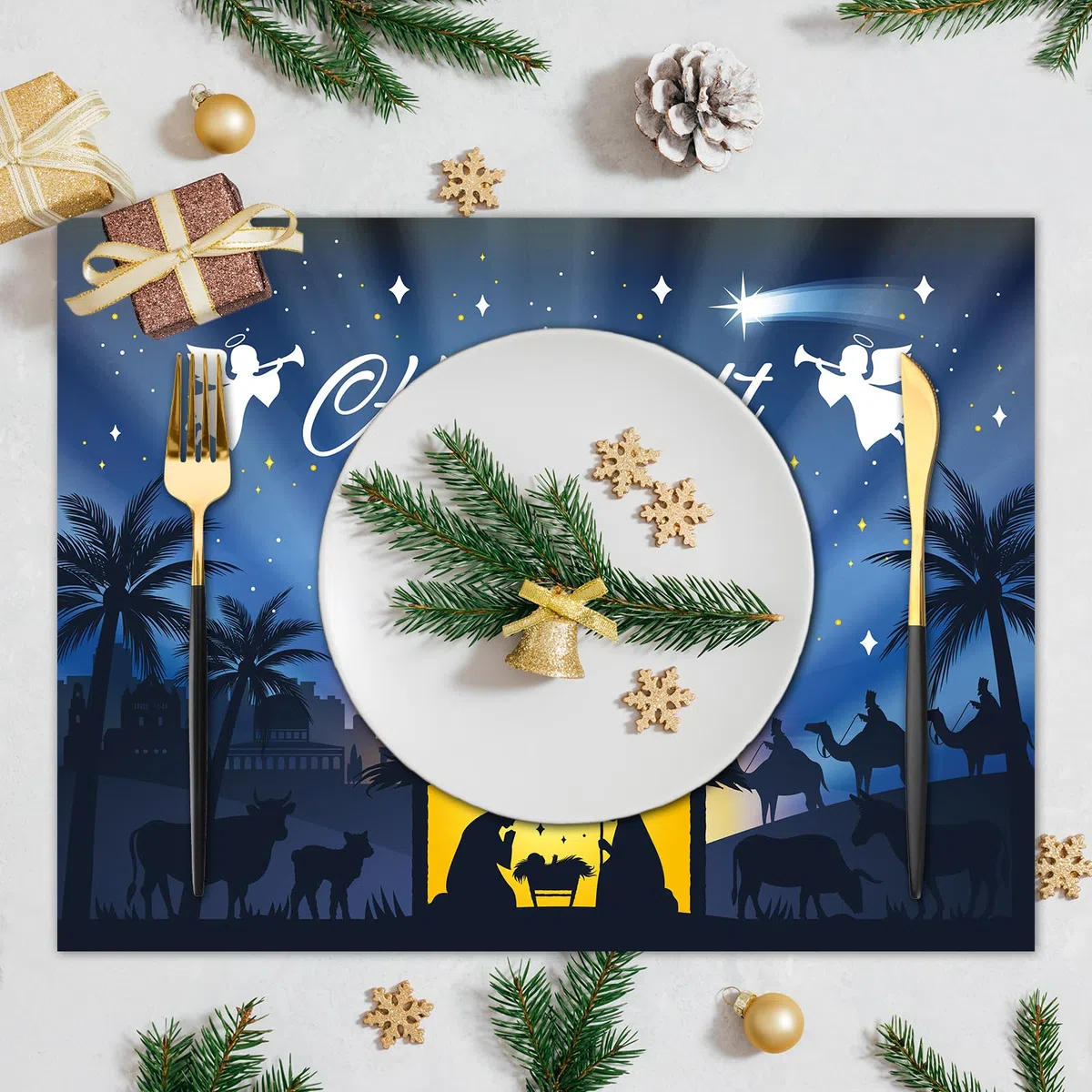 OBUSATT 100 manteles individuales de papel de Navidad con diseño de noche santa, para belén, color azul, manteles individuales de cocina para vacaciones, fiesta de invierno, decoración de mesa de
