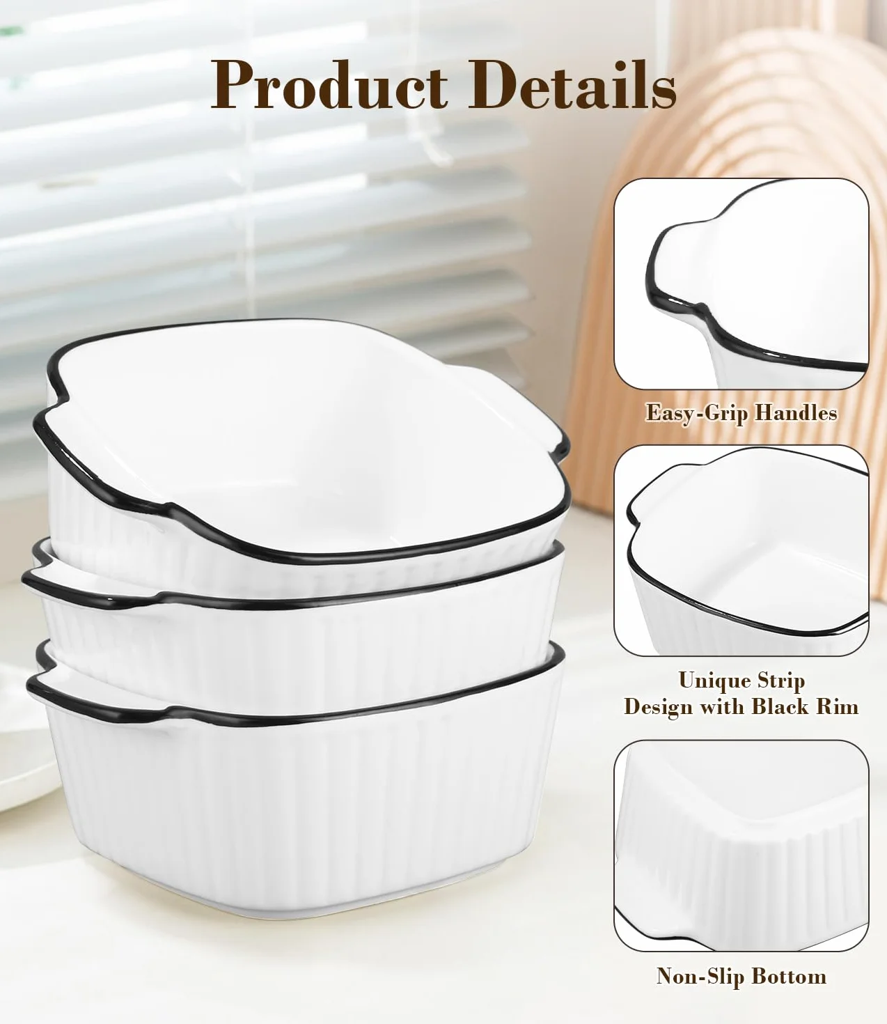 Juego de 4 Platos de Cerámica para Hornear, 400ML Platos Cuadrados para Hornear, 14.5 x 11.5 x 5.5cm, Plato Pequeño de Cerámica para Horno con Asas, para Horno, Freidorade de Aire y Microondas