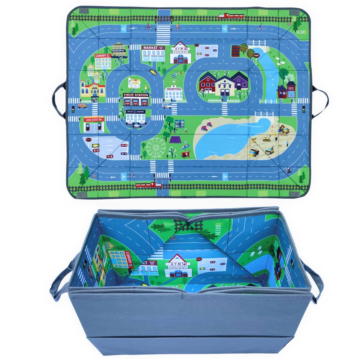 HECKBO Organizador de coche y alfombrilla de juegos 4 en 1 - Caja para guardar juguetes infantiles - Alfombrilla de juegos plegable con motivos callejeros - Fijación segura en el coche, 91cm x 72cm