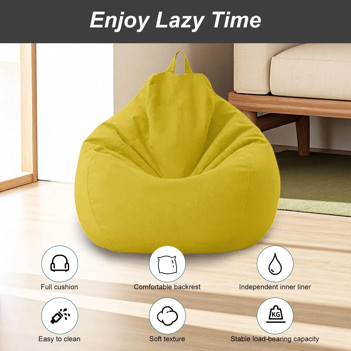 Puf para niños y Adultos, 100 x 120 cm, Funda sin Relleno, para Sacos de Frijoles con Cremallera, a Prueba de Polvo, no para Oficina, Dormitorio, terraza, salón (Amarillo, XL)