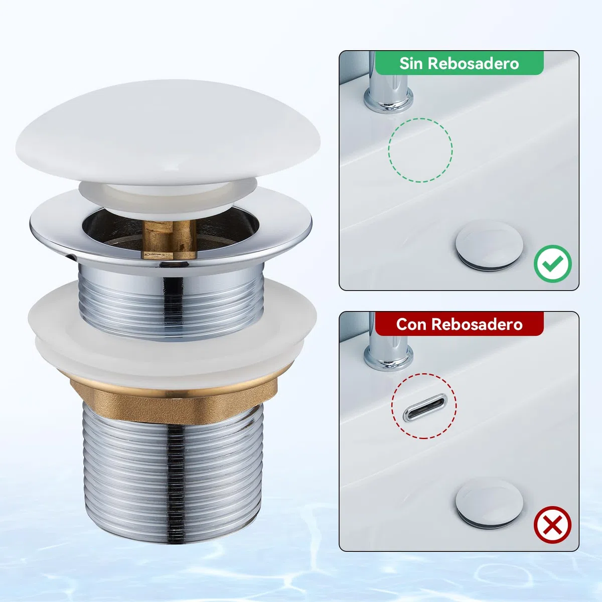Desagüe Lavabo sin Rebosadero, Ulytid Tapon Pop Up Lavabo con Tapa de Cerámica, Válvula Desagüe Click Clack Lavabo Universal G1 1/4" para Fregadero Baño y Aseo, Blanco