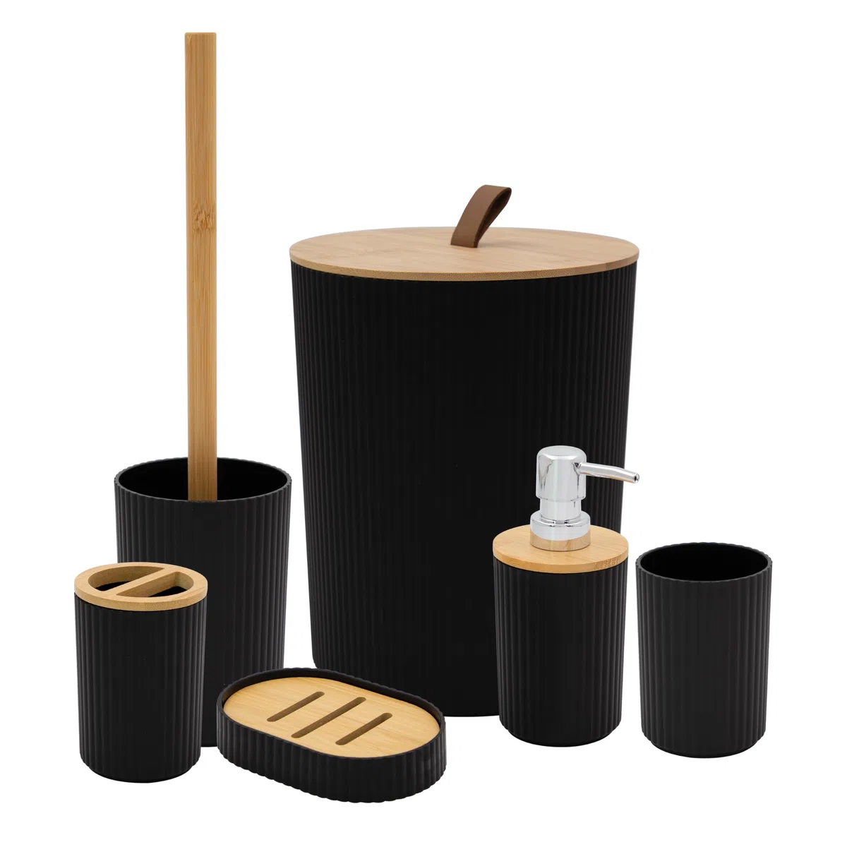 Juego de accesorios de baño Anika/Juego moderno de accesorios esenciales de baño/Incluye soporte para cepillo de dientes, cubo de basura, escobilla de baño, vaso, plato de jabón y dispensador de jabón