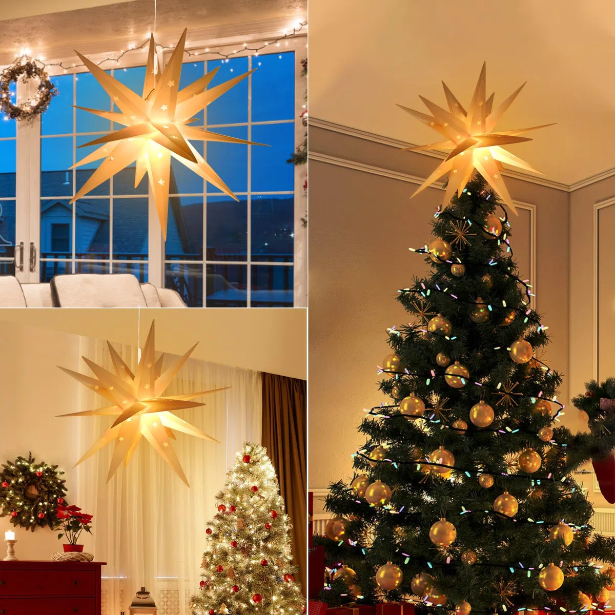 KATELUO Estrella Luminosa 3D Estrella Plegable, 45cm Estrella Iluminada con Función de Temporizado, Estrella de Arbol de Navidad, Estrella Navideña 3D para Decorar árboles de Navidad Fiesta Balcones