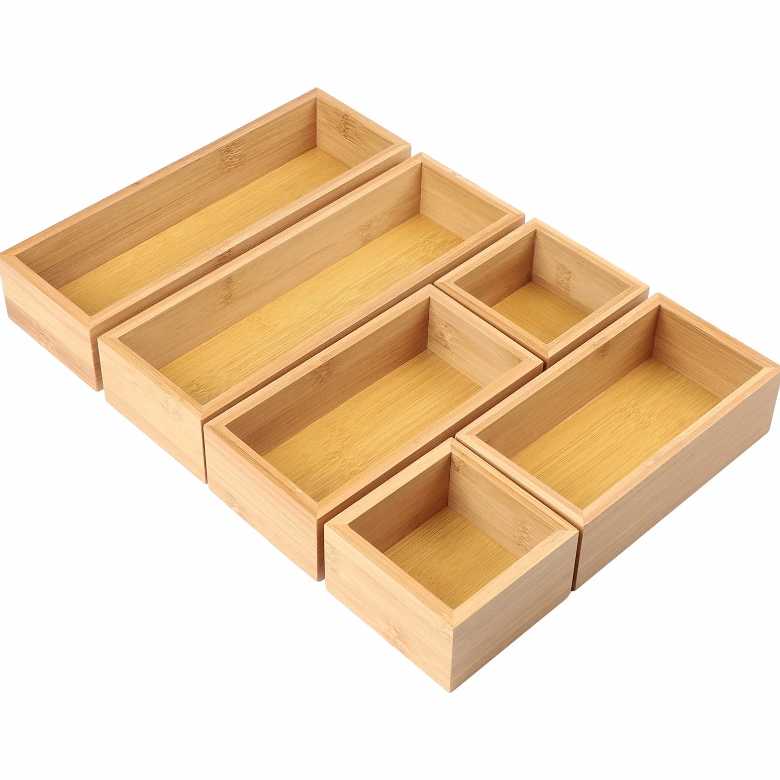 DBREAKS Set de 6 Cajas Organizadoras para Cajones de bambú, Caja de almacenaje, para Utensilios, Maquillaje, Basura en Cocina, Baño(Natural)