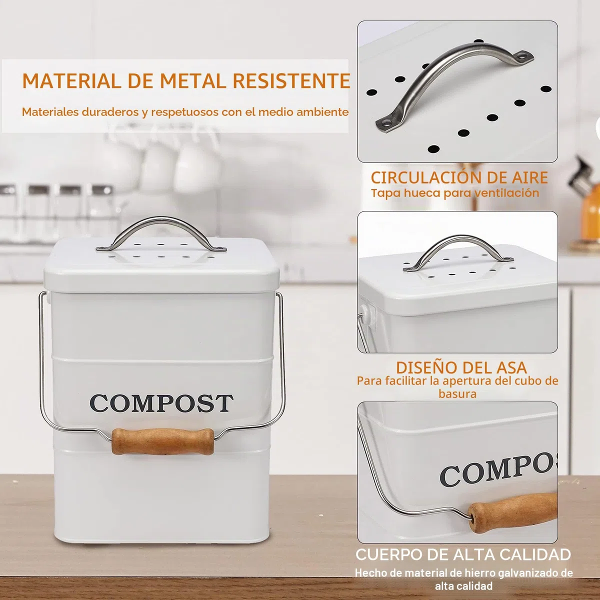 Cubo de Compostaje para Cocina 6L con Filtro de Carbón - Cubo Pequeño para Basura Orgánica, Acero Inoxidable Anticorrosivo, Ideal para Desechos de Alimentos y Reciclaje en Encimeras Blanco
