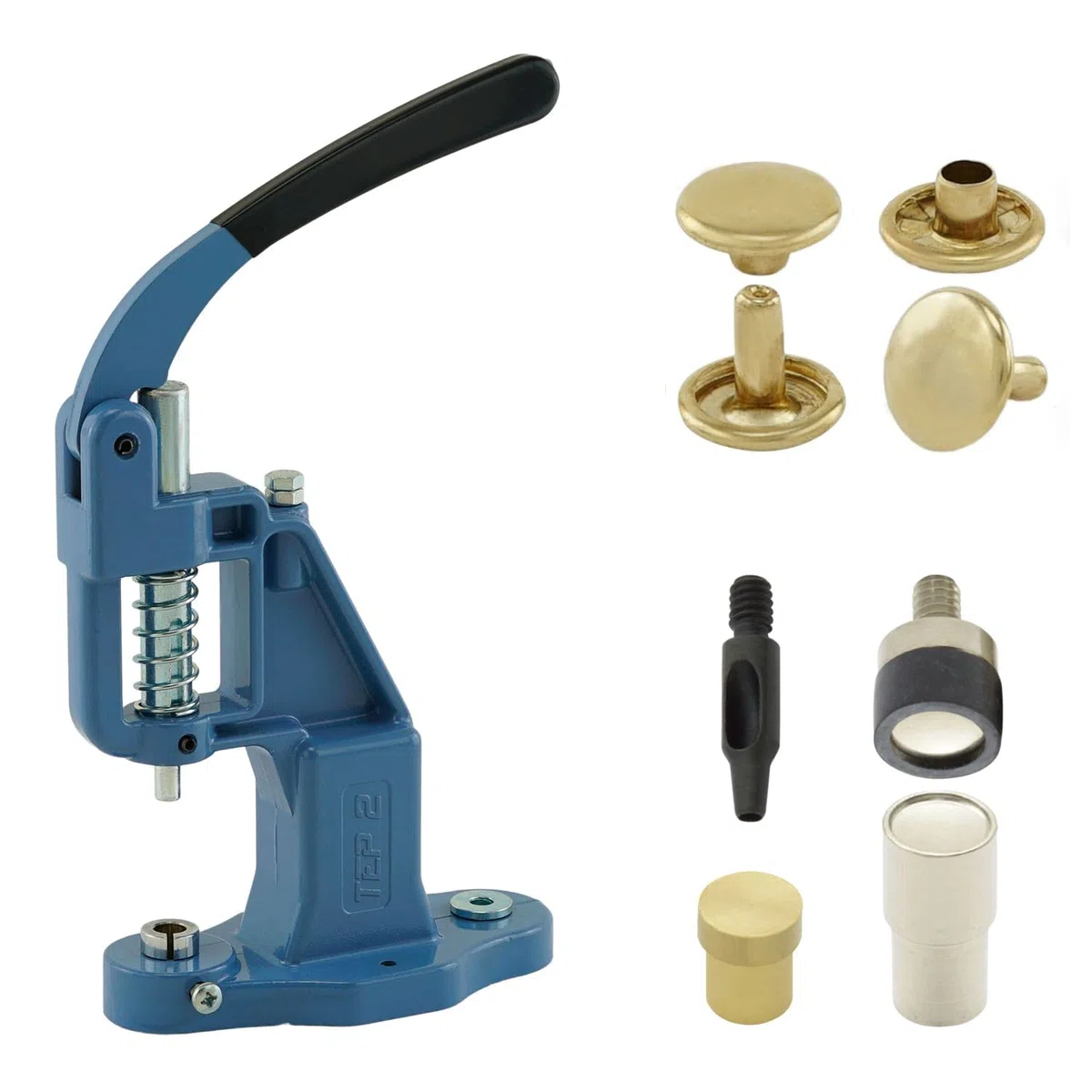 Getmore Crafts Juego de prensa de remaches con palanca, herramienta de remachado y 50 remaches de doble cabeza de 9 mm, oro, acero | Prensa manual | DIY | Para cuero, ropa, vaqueros, cinturones,