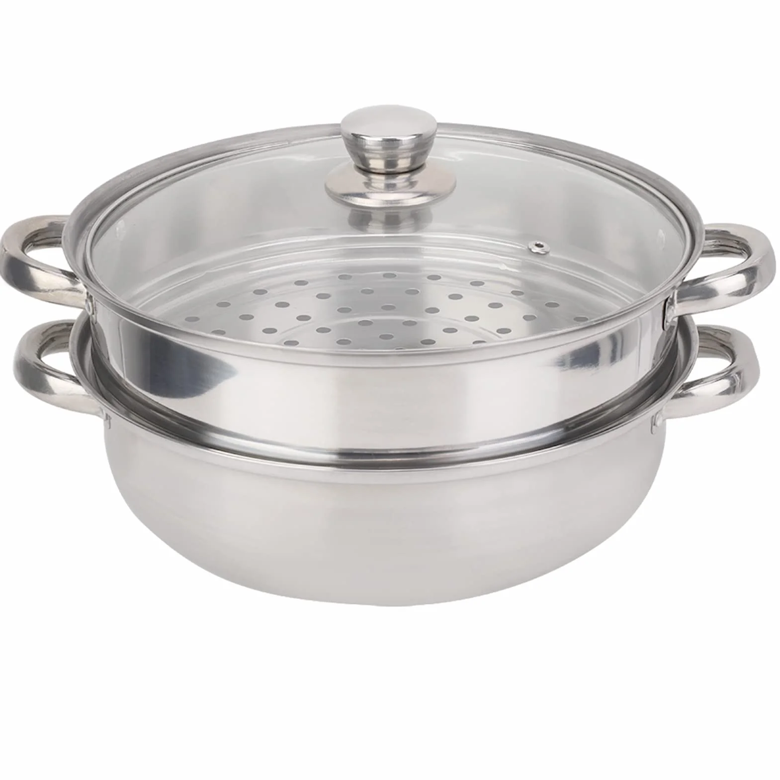 Olla de vapor de acero inoxidable de 2 capas para cocinar sopa al vapor y más, diseño de ahorro de energía de 27 cm con material de grado alimenticio, compartimento poroso para vapor y tapa de vidrio