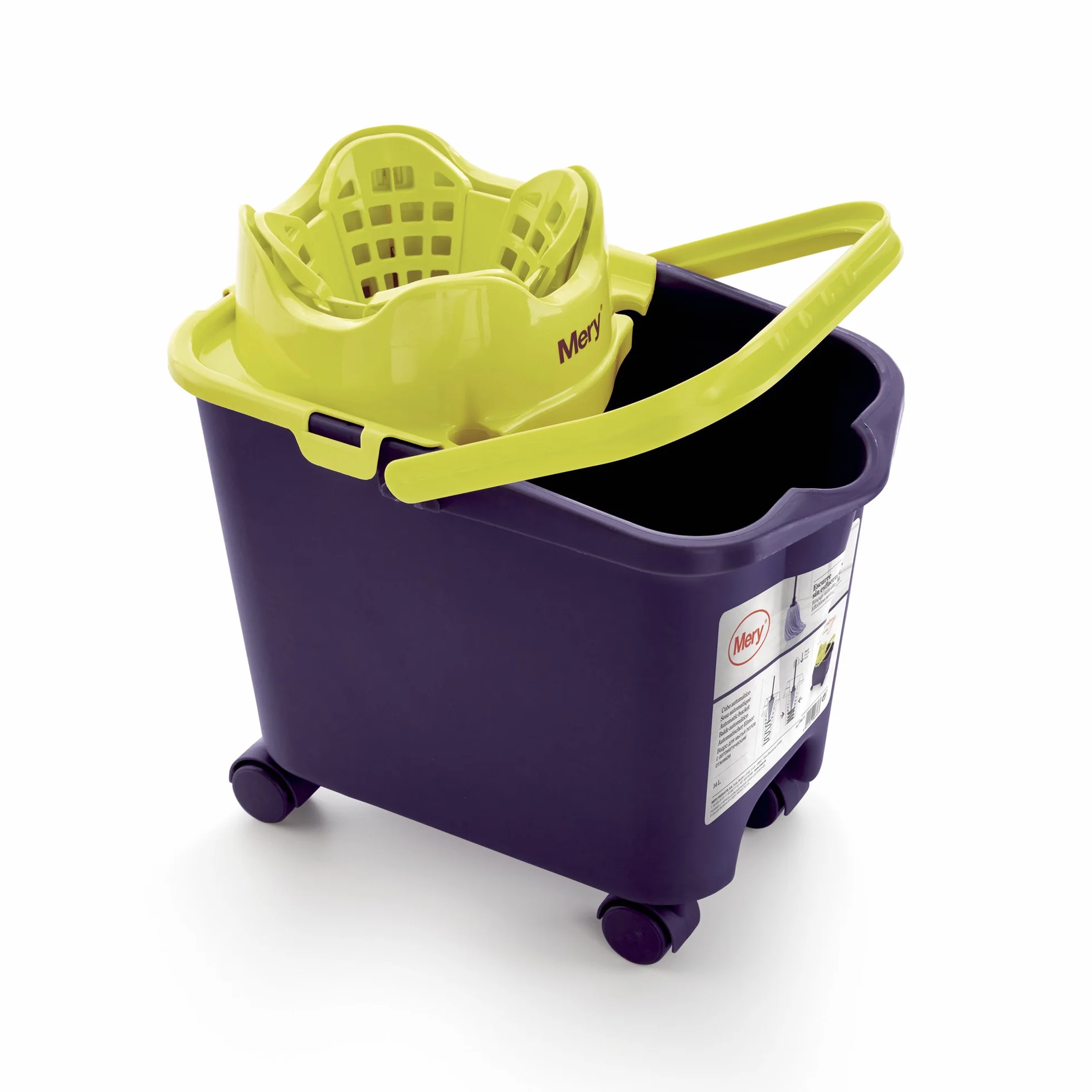 Mery | Set Cubo y Fregona Microfibra Super Absorbente | Cubo Escurridor Automático y Ruedas 360º | Cabezal Fregona Extragrande | No deja Ratro | Morado | 14L | Medidas :38,2 x 25,5 x 39,5 cm