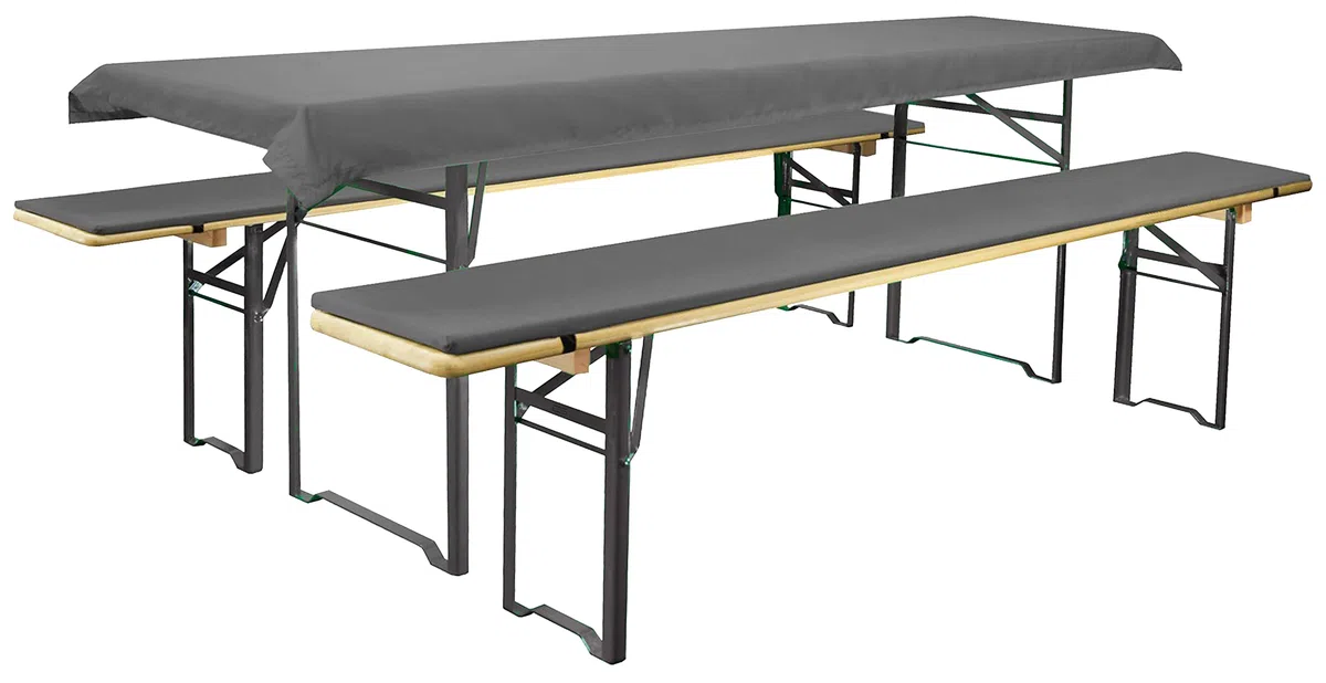 Brandsseller Set de 3 piezas – 2 Cojines acolchados para Banco 220x25 cm y 1 Mantel 240x70 cm – Ideal para Mesas Cerveceras, Fiestas populares o Eventos al aire libre – Antracita