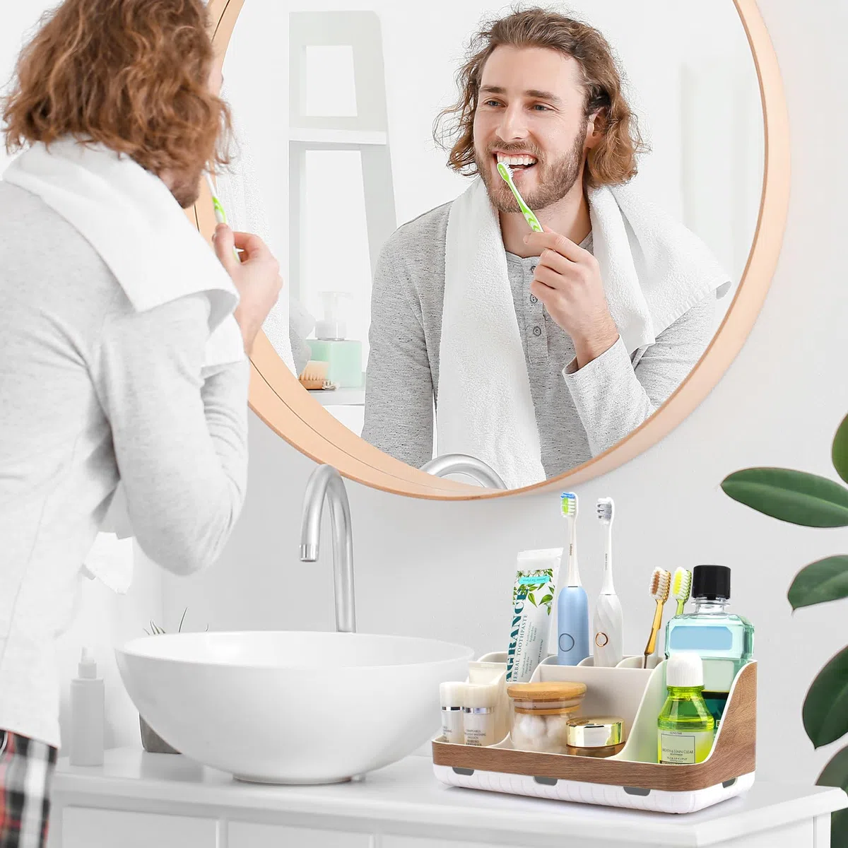 GFWARE Organizador de encimera de baño, 7 ranuras desmontables, cepillo de dientes eléctrico y pasta de dientes, drenaje para accesorios de baño, organización, mostrador, almacenamiento de fregadero,