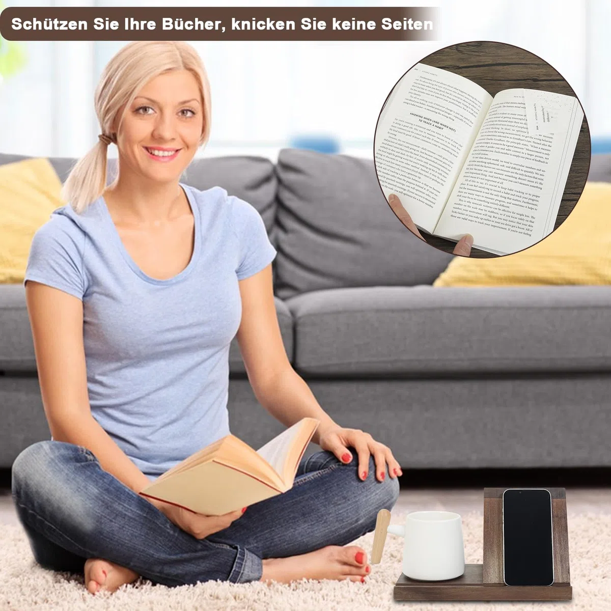 Soporte de libros triangular de madera con soporte para bebidas, soporte de libros de madera con ranuras, contador triangular con bandeja de café, regalos para amantes de los libros,