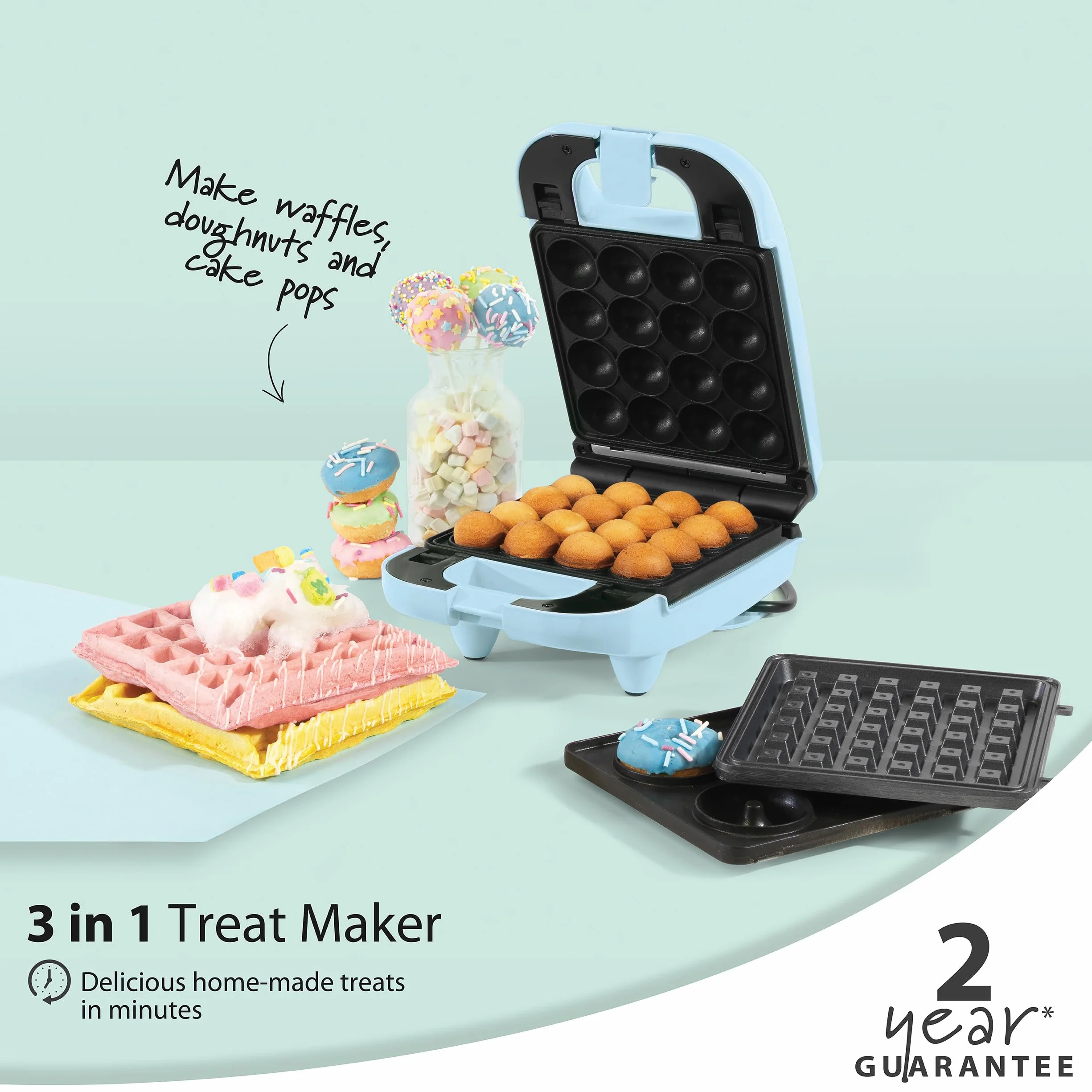 GILES & POSNER Máquina de Mini Delicias 3 en 1 – Donuts, Cake Pops, Máquina de Gofres, Placas de Cocción Desmontables Antiadherentes, Fácil Limpieza, Compacta, Repostería para Niños, 650 W