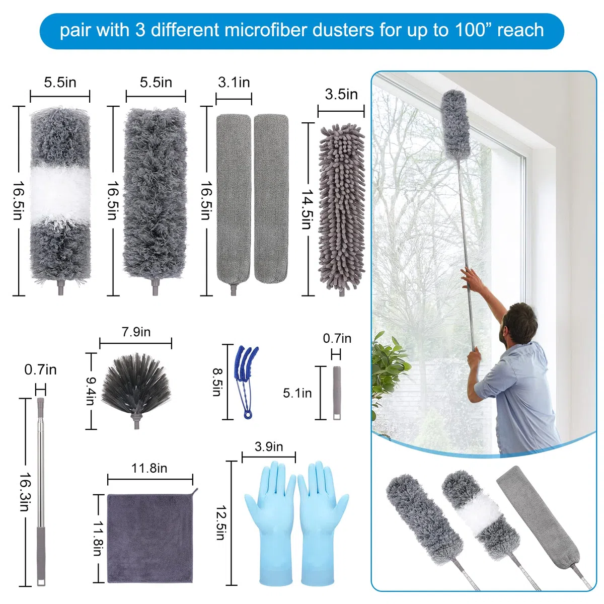 Plumero Extensible de Microfibra (11 Piezas) con Poste de extensión de 100 Pulgadas, Lavable, Reutilizable, Flexible para Limpiar Ventiladores de Techo, Techo Alto, TV, persianas, automóviles
