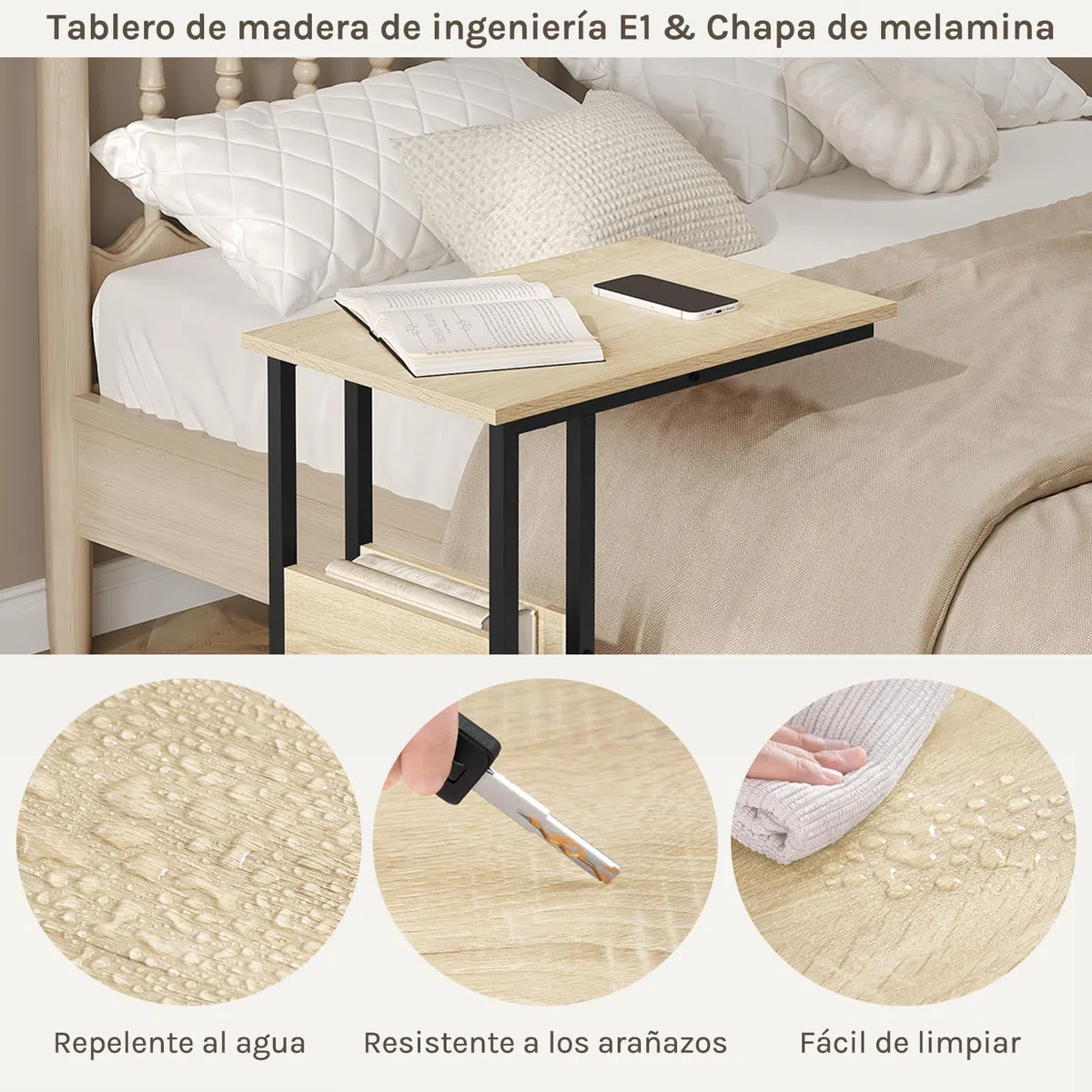 WOLTU Mesa Auxiliar de Centro Mesita de Noche Portátil, Marco de Metal y Madera, Roble 55x36x59,5cm(BxTxH) TS79hei