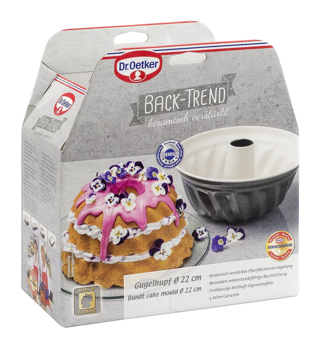 Dr. Oetker Molde Hornear Rosco Alto o Savarin en Acero Reforzado con Cerámica y Revestimiento Antiadherente Especial, 22x11,5cm, Gris Marengo y Crema, 22 cm, 1 ud