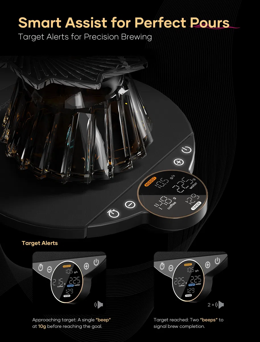 Cocinare Balanza digital de café Balance, control de precisión con tres modos (asistencia de preparación, pesaje, competencia), báscula digital de cocina para café y productos pequeños, hasta 3000 g