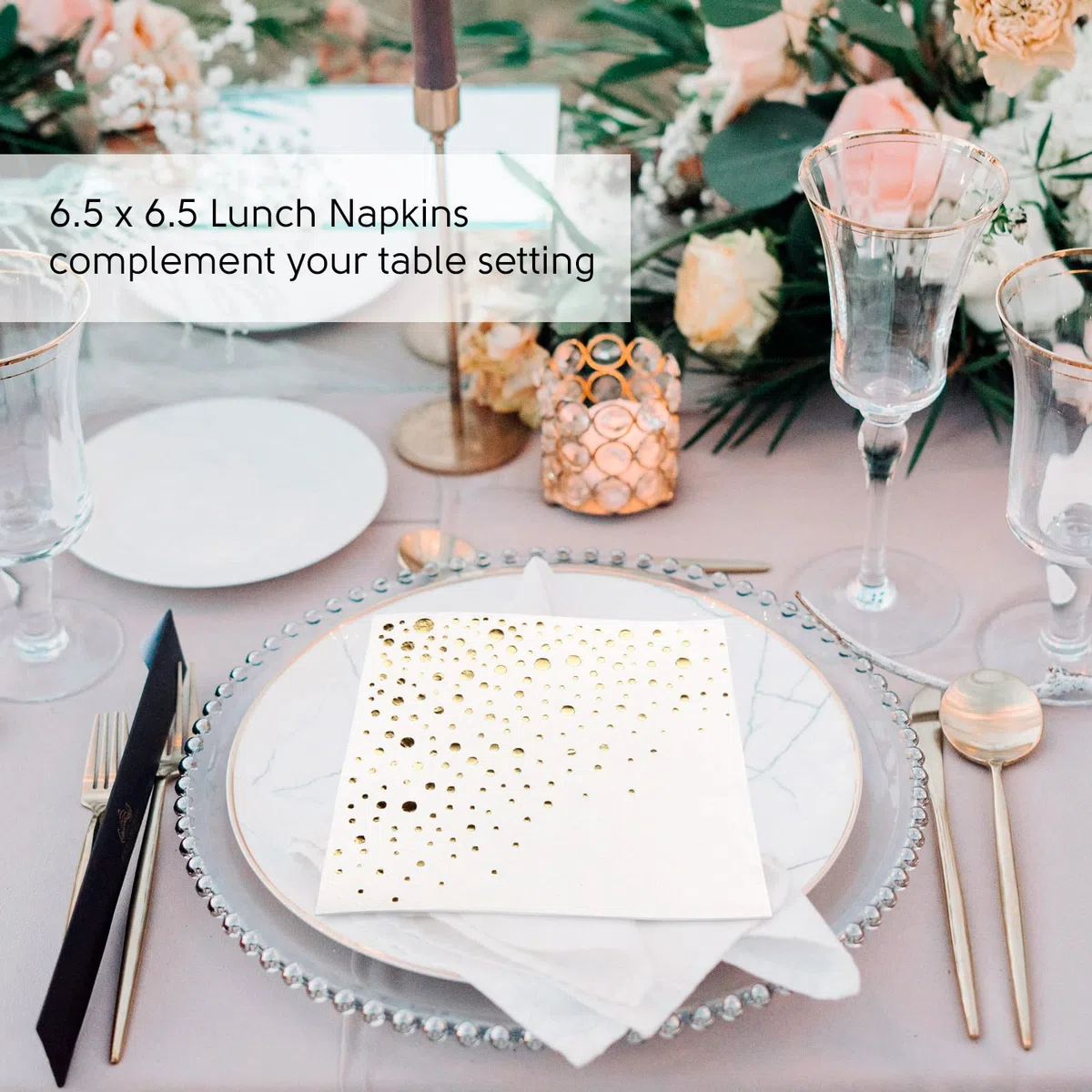 Elegantes servilletas doradas de 6.5 x 6.5 pulgadas, paquete de 100 servilletas de almuerzo blancas y doradas, añade brillo a tu evento con servilletas de fiesta, servilletas de papel de 3 capas