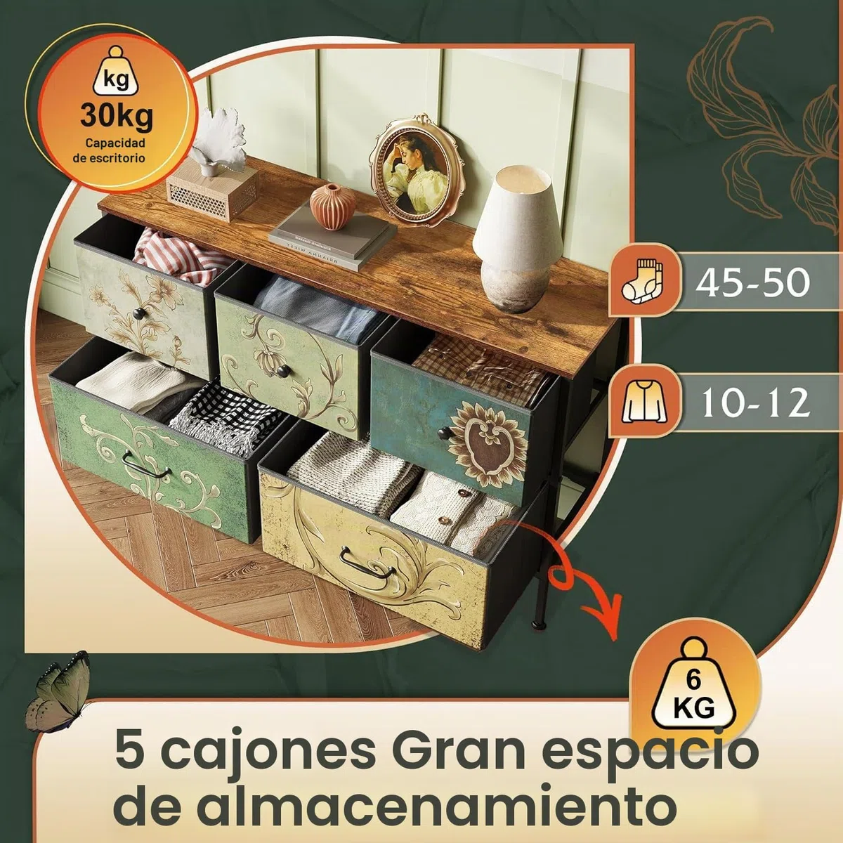 Cómoda para Dormitorio Adulto, Cómoda de 5 Cajones Chifonier Mueble de Almacenaje Tocador Bohemio Mueble con Cajones, Mueble de Salón Almacenaje, Mueble de Pasillo (5 cajones)