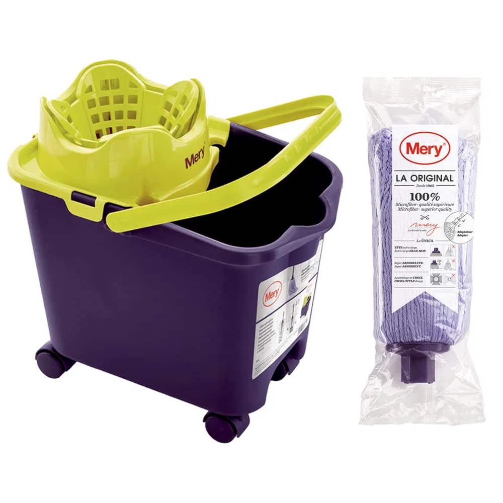 Mery | Set Cubo y Fregona Microfibra Super Absorbente | Cubo Escurridor Automático y Ruedas 360º | Cabezal Fregona Extragrande | No deja Ratro | Morado | 14L | Medidas :38,2 x 25,5 x 39,5 cm