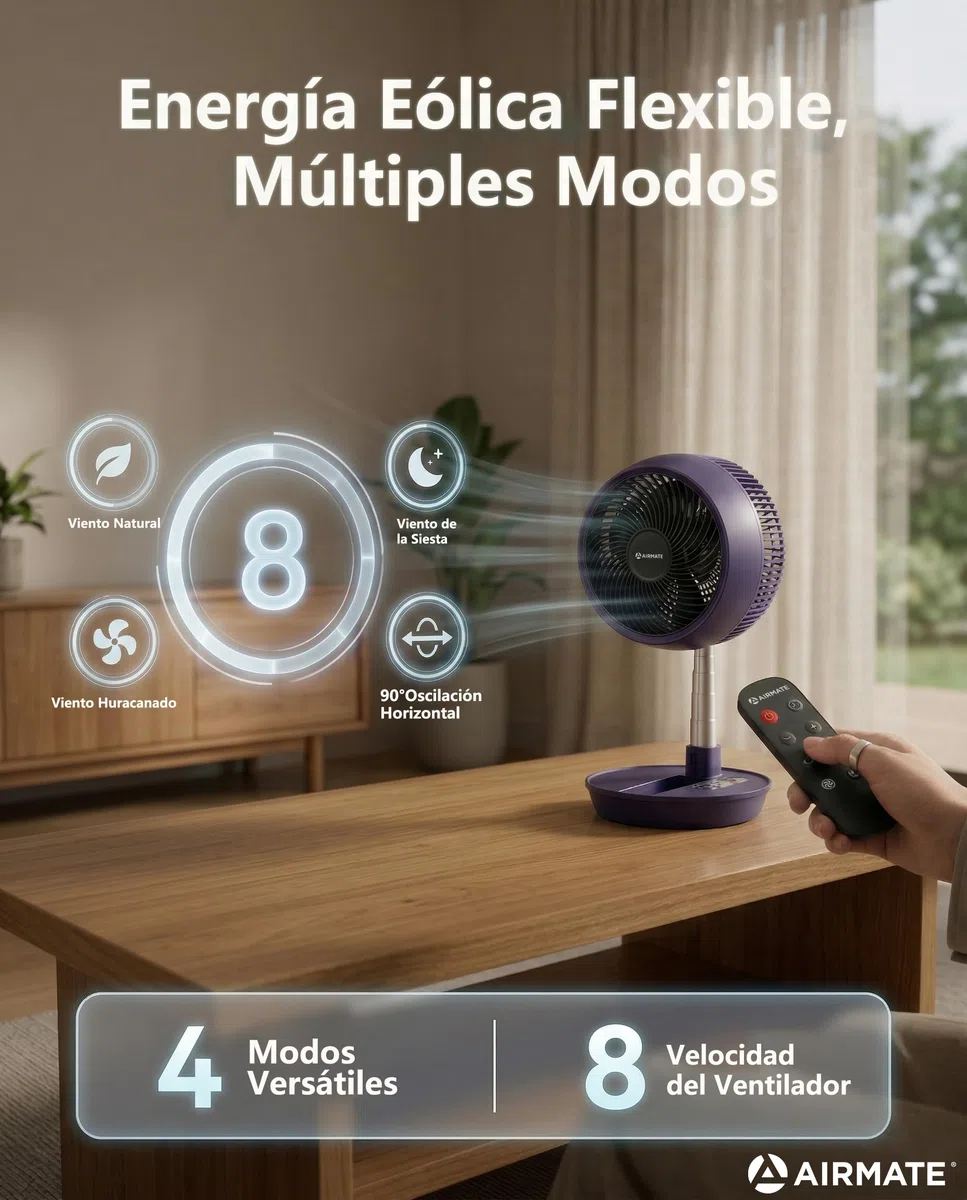AIRMATE 63cm Ventilador de Pie Silencioso, Ventilador Potente con Ajustable y DiseñO Plegable 90°+170°, 8 Velocidades 8h Control Remoto 30db Ventilador de Suelo Ideal TambiéN Para Uso En Escritorio