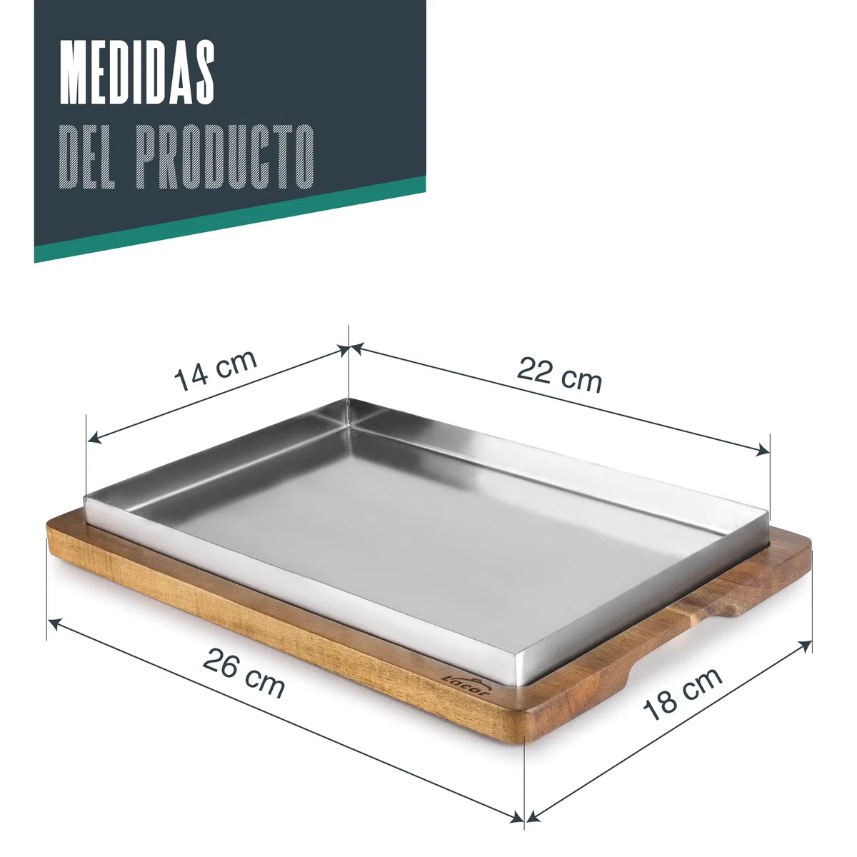 LACOR - 60831 - Llauna de Arroz, 26 x 18 cm, Bandeja de Acero Inoxidable, Base de Madera de Acacia, Ideal para Arroces, Guisos y Asados, Apta para Horno y Lavavajillas