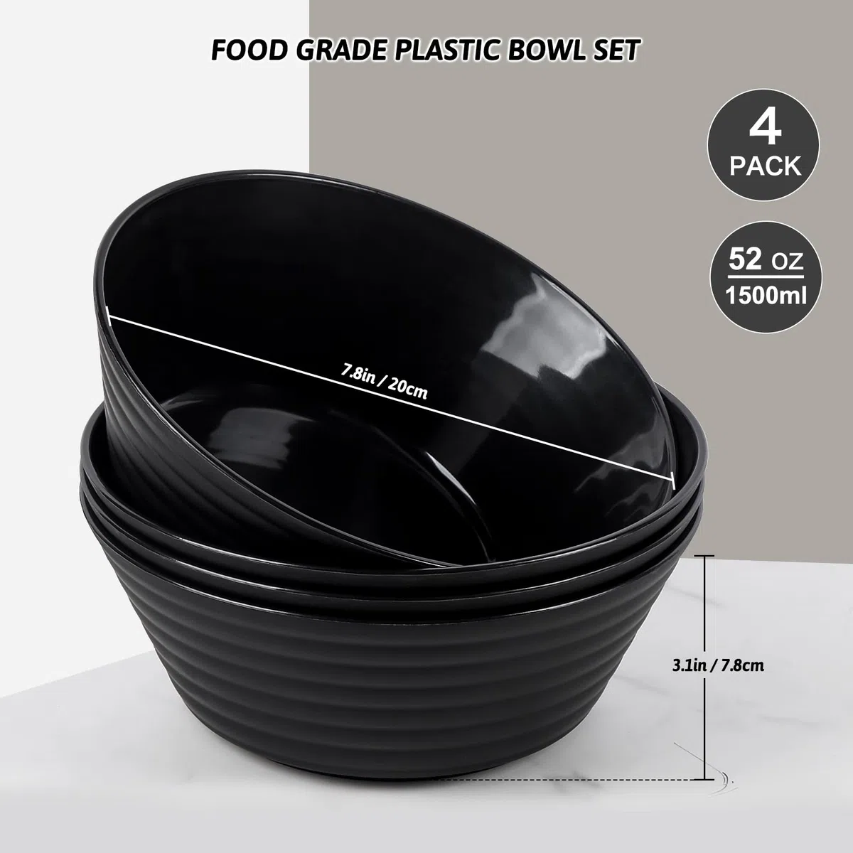 Greentainer Set de 4 Boles 1500ml, Cuencos de Plástico Irrompibles para Ensalada, Sopa y Cereal, Aptos para Microondas y Lavavajillas, Libre de BPA, Negro