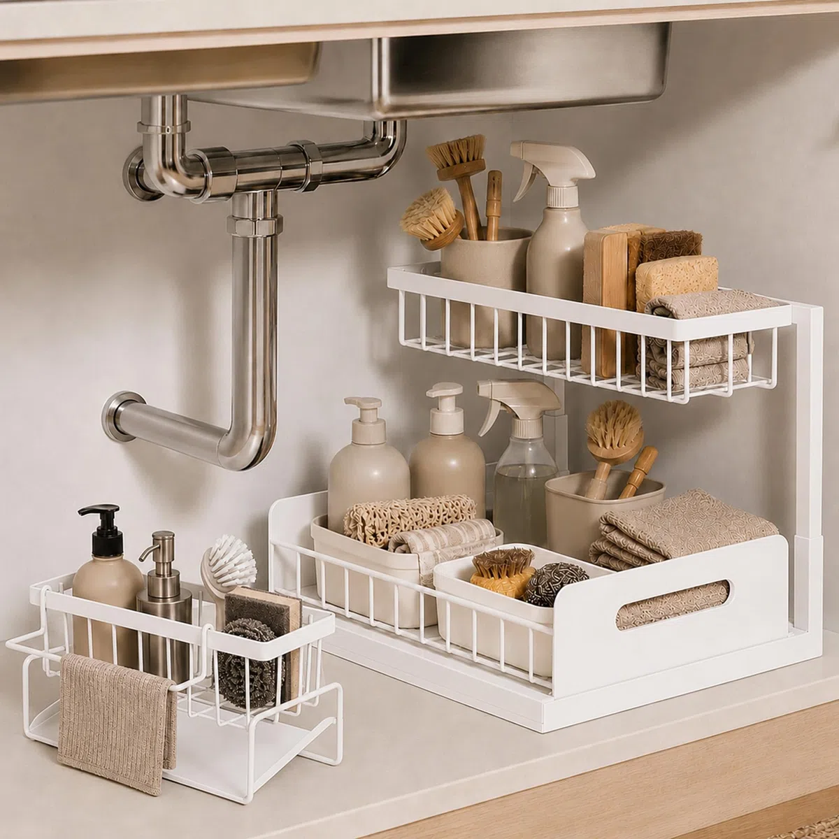 Organizador Bajo Fregadero Extraíble 2 en 1 con Soporte Estropajo.