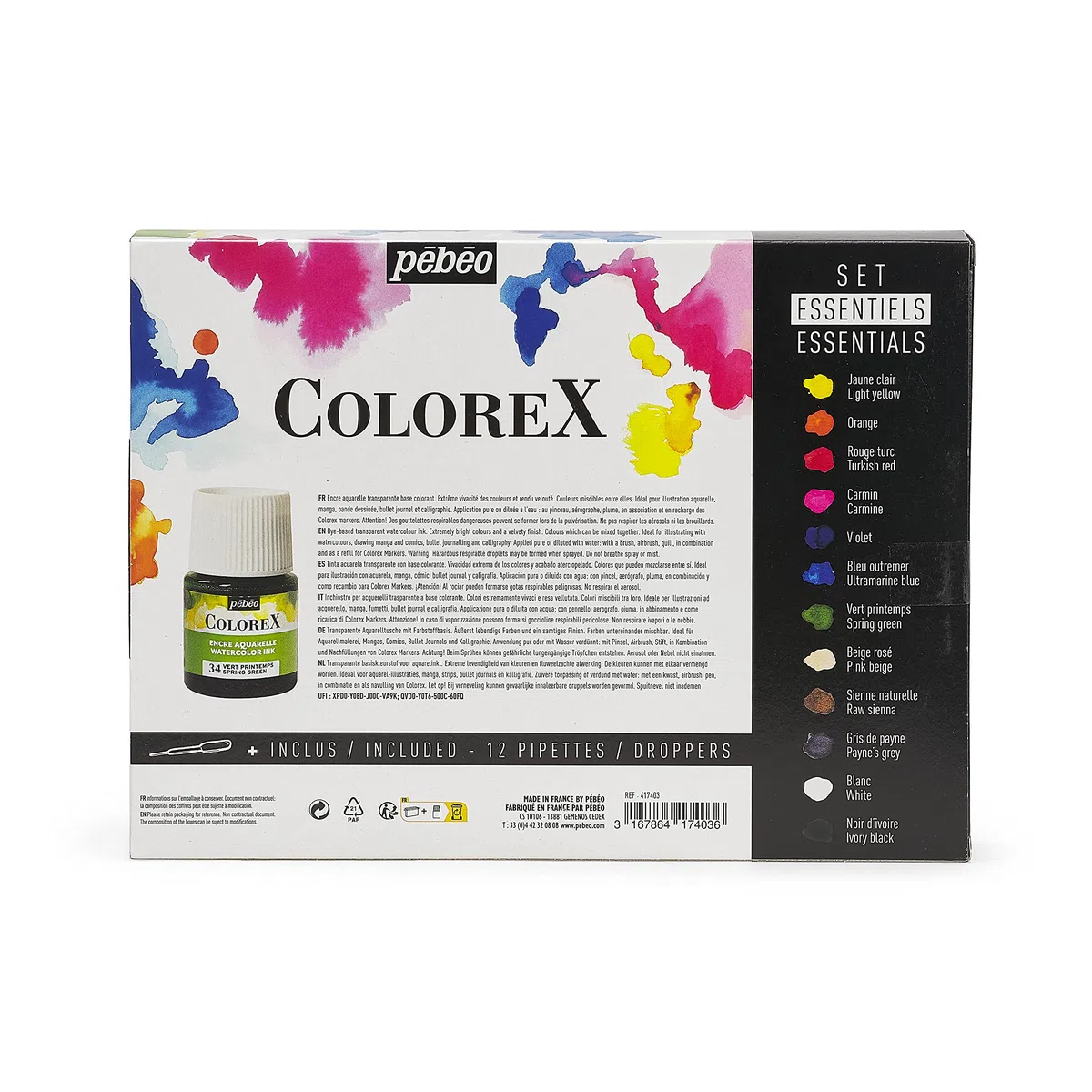Pebeo Colorex - Kit de Dibujo Manga e Ilustración con 12 Botellas Surtidas de Tinta Esencial para Acuarela 20 ml