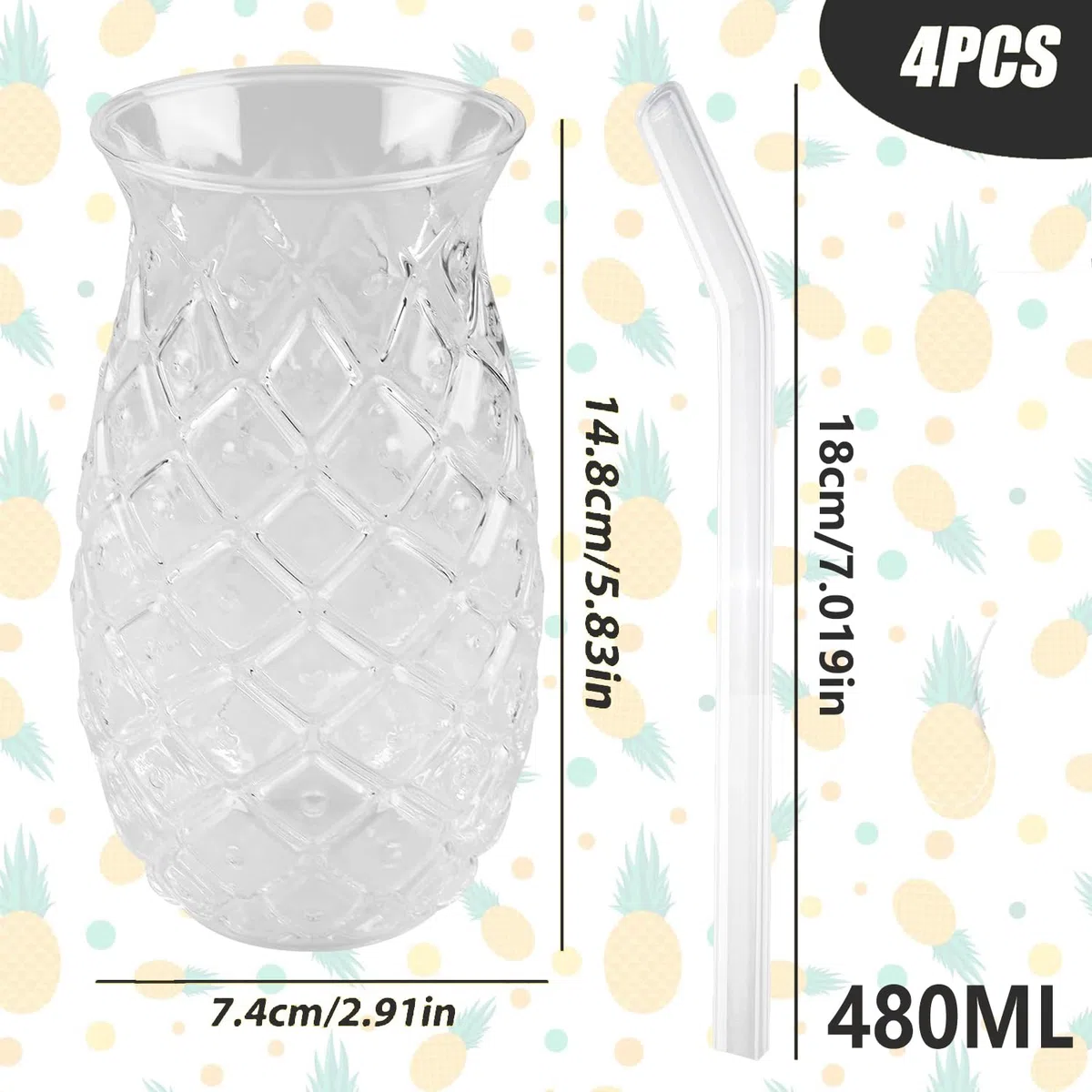 Juego de 4 de Vasos de Cóctel de 480 Ml, Vasos de Cóctel Transparentes con Relieve de Piña, Vasos de Piña, Copas de Pina, Copas de Piña Divertidas para Familia, Camping, Bar