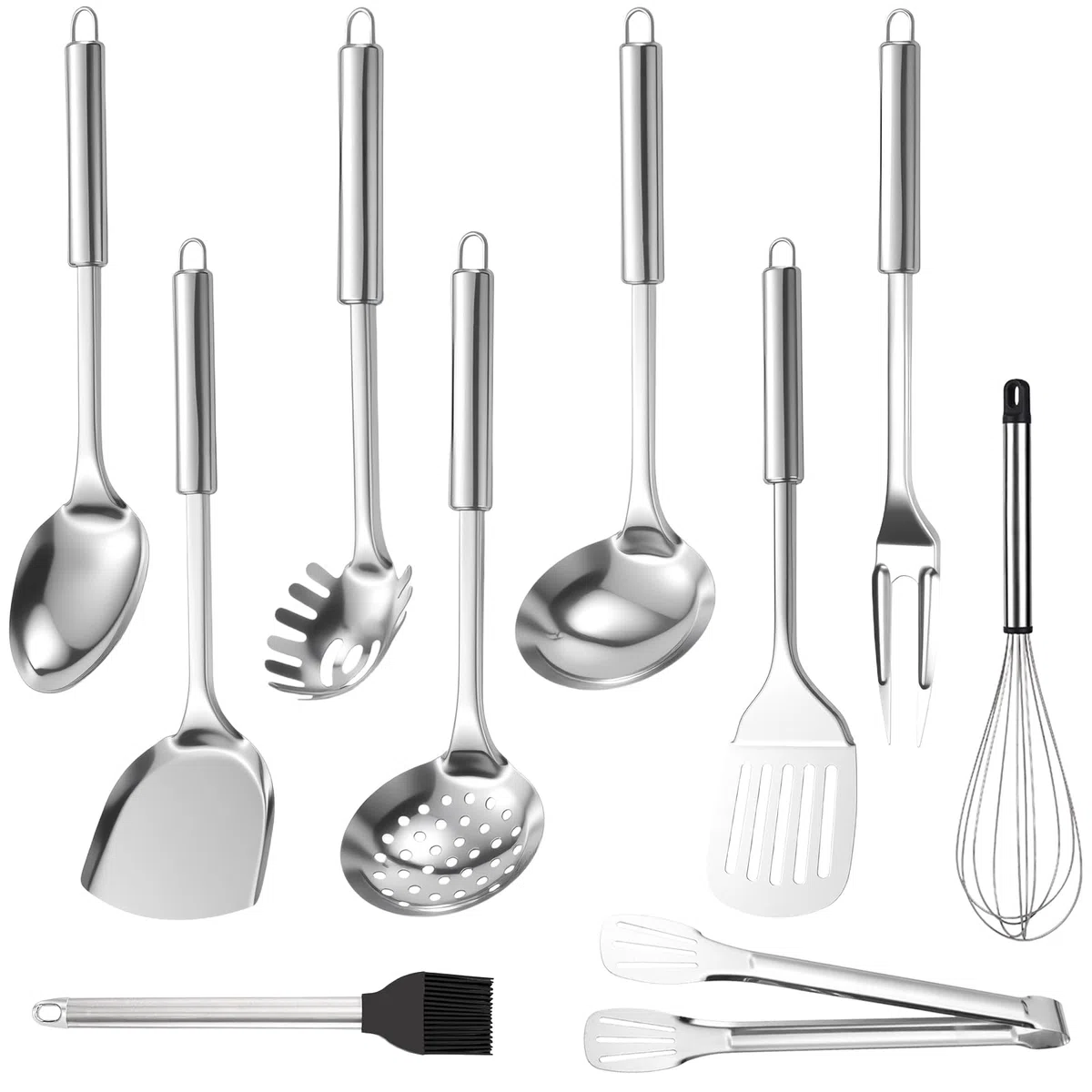 Juego de Utensilios de Cocina Acero Inoxidable 10 Piezas Utensilios de Cocina Aptos para Lavavajillas Set Cucharón con Espátula Spumadera Batidor y Servidor de Pasta Herramientas para Cocinar