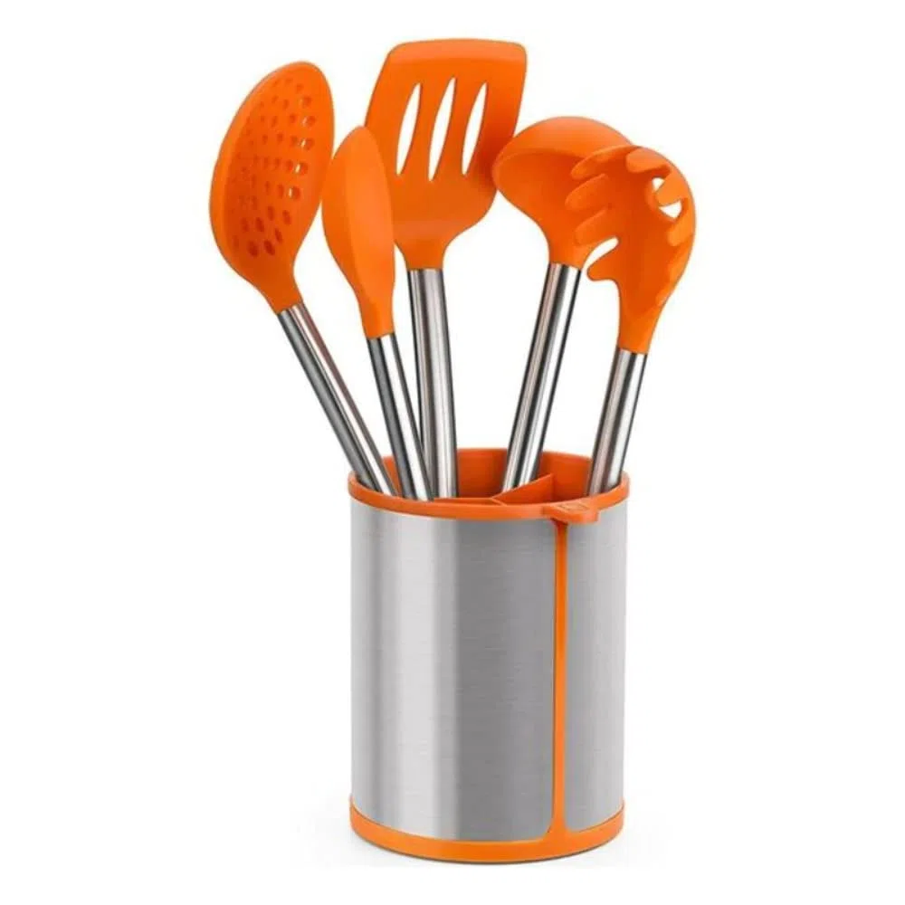 BRA Efficient | Conjunto De 5 Utensilios De Cocina Y Carrusel, Acero INOX, Nailon y Silicona, Naranja, 14.5 x 15 x 37.5 cm