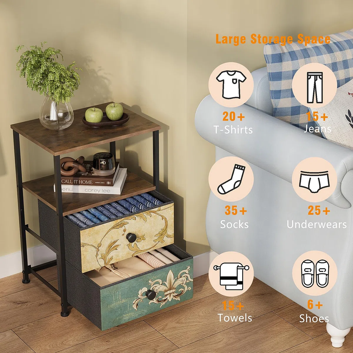 VEDECASA Cómoda con 2 cajones y estante abierto Armario de cómoda Mesa de maquillaje estilo bohemio Armario de almacenamiento Mesita de noche Mesa auxiliar para sala de estar Dormitorio Estructura de