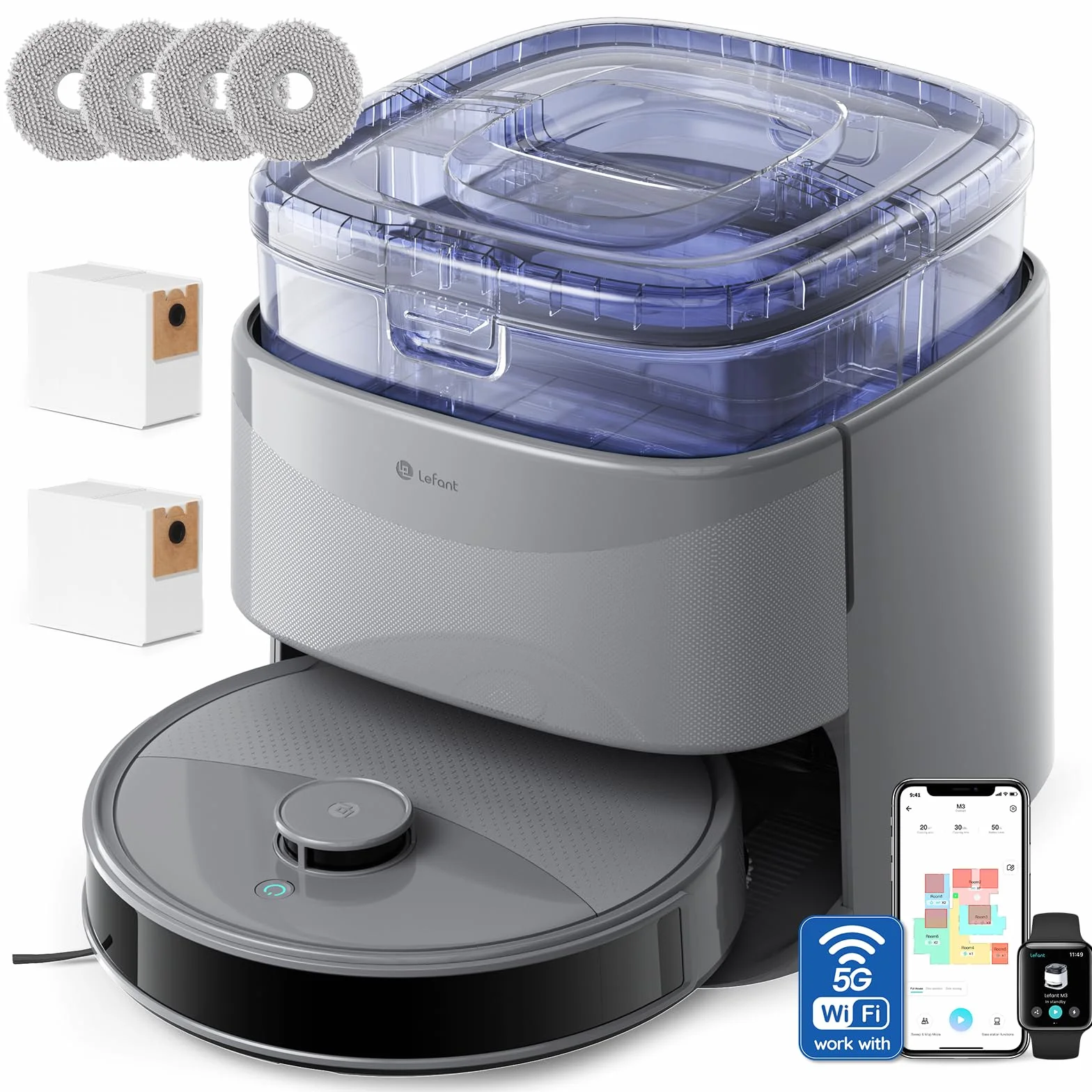 LEFANT M3 Max Robot Aspirador y Fregasuelos, Todo-en-Uno 20000 Pa, 210min, Auto-Lavado/Secado Mopa, Auto-Vaciado 3,2L, dToF Navegación Láser, Evita Obstáculos, WiFi/Alexa/App/i Watch, 2.4G & 5GHz WiFi
