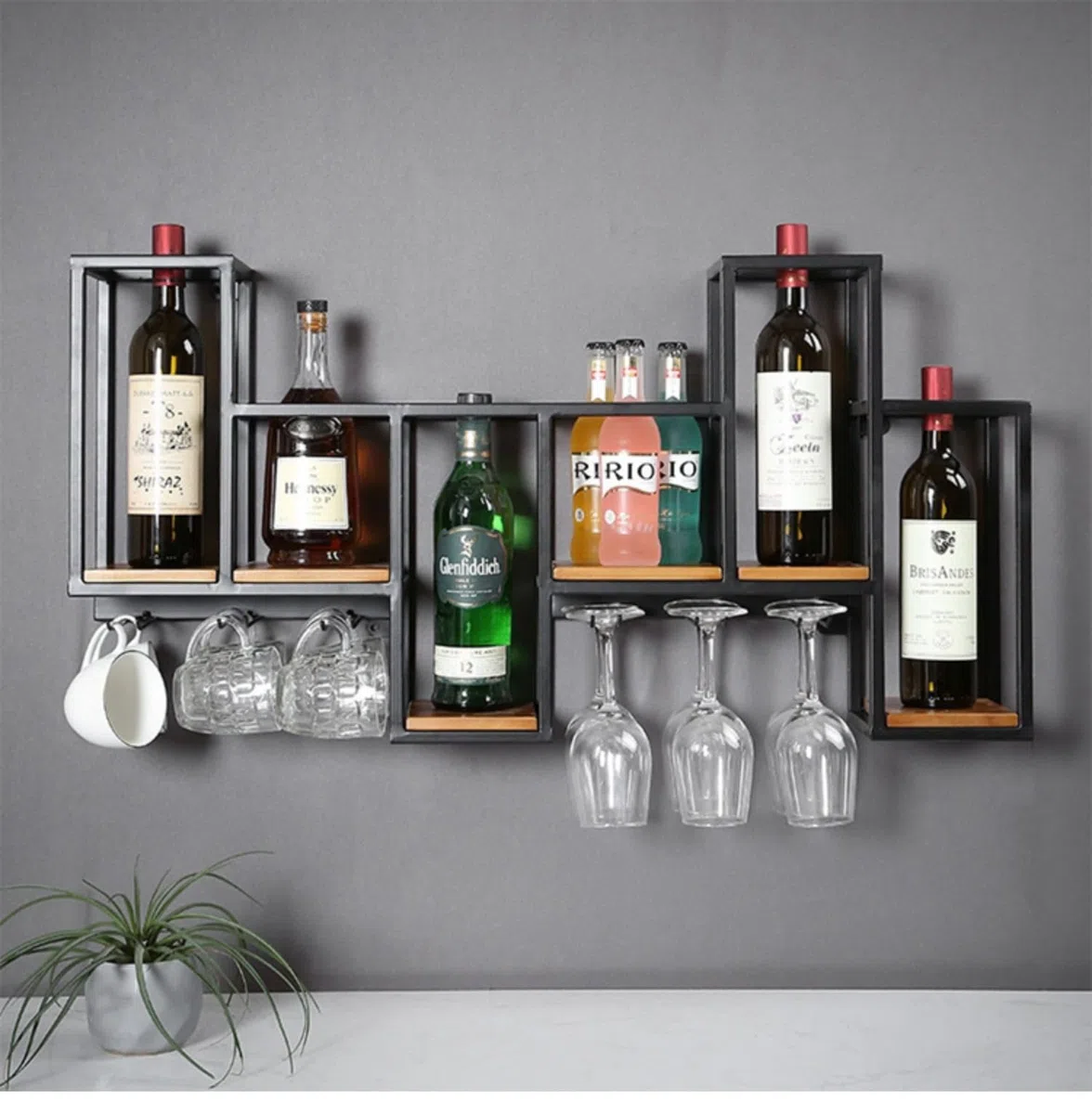 Estantería de Botellas de Vino, Botellero de Hierro de Estilo Industrial, Enfriador de Vino Montado En La Pared con Botelleros Botellero de Almacenamiento Multifuncional