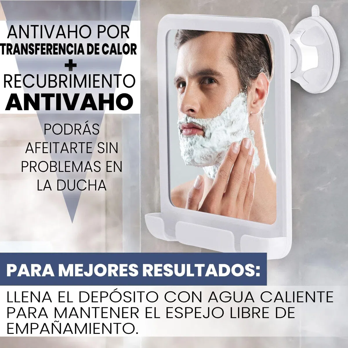 MIRRORVANA Espejo de Ducha para Afeitado - Espejo antivaho irrompible con Ventosa 20 cm x 17 cm (Blanco)