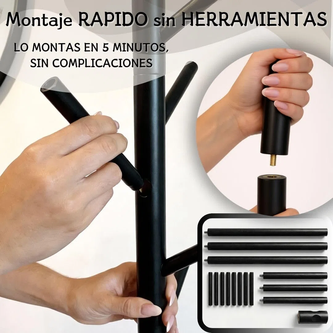 Perchero de Pie de Madera Forrada | Estilo Árbol, Altura Ajustable, 8 Ganchos, Base Estable, Ideal para Entrada, Dormitorio u Oficina, Montaje sin Herramientas (Negro)