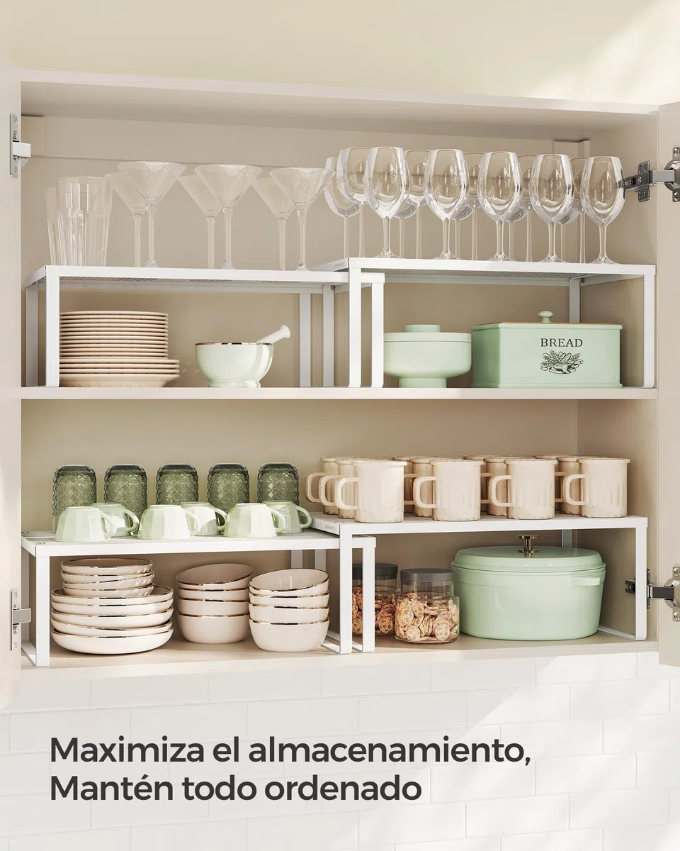 SONGMICS Especiero, Estante para Especias, Organizador para Armarios, para Mostradores, Elevador de Estantes, Apilable, Ampliable, Juego de 2 Estantes Metálicos para Cocina, Blanco KCS401W01