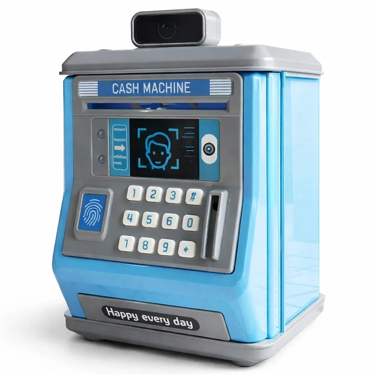 Hucha Electrónica para Niños y Niñas con Contraseña y Huella Dactilar, Cajero Automático de Juguete con Succión Automática, Huchas Originales Educativas, Regalo de Cumpleaños, 18x14x14cm, Azul