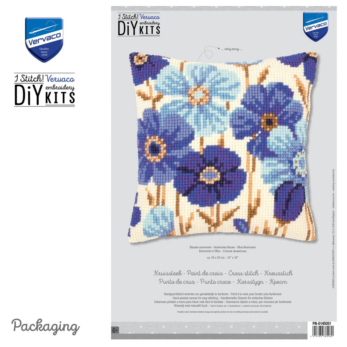 Vervaco Punto De Cruz Kit Cojin Decorativo ANÉMONAS AZULES Manualidades Adultos Decoracion Bordar Kit Principiantes Completo DIY Bordado Creativo Regalo ca. 40x40 cm Cross Stitch Embroidery