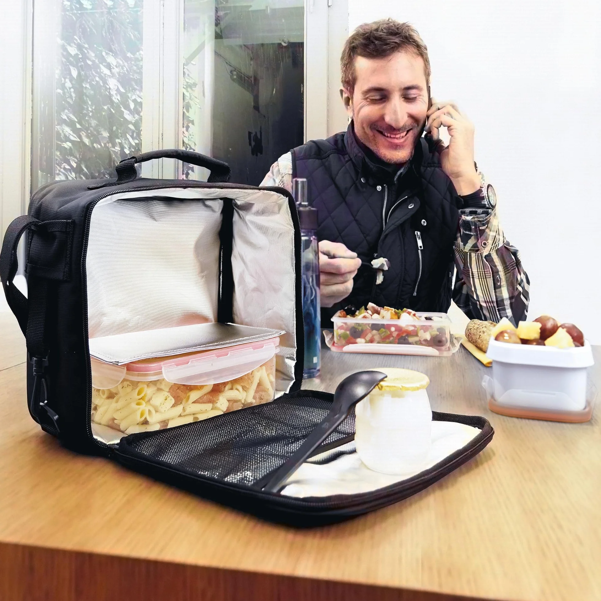 Maxi Bolsa Térmica Porta Alimentos - Lunch Bag Grande 5,8 l con Tapers de Plástico 0.7 l y 1 l, Bolsa Nevera con Paredes Extra-Gruesas Mantiene Calor/Frío 8h, Loncheras de Trabajo, Oficina, Gris