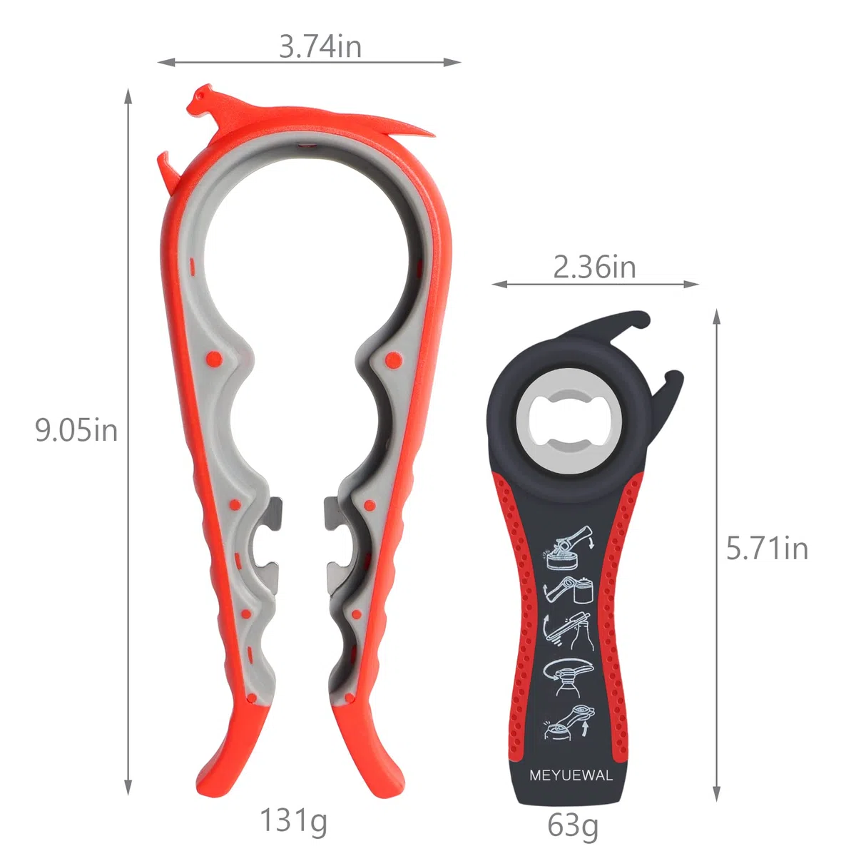 Abridor de tapas 6 en 1, abrelatas y botellas, tarros y latas para personas mayores con artritis o manos débiles, resistente y borde liso, color rojo