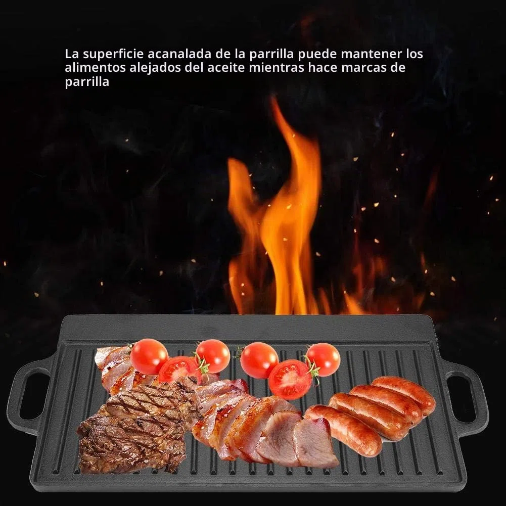 Plancha Hierro Fundido Antiadherente Doble Cara Reversible Dos Asas, para Barbacoa Parrilla Gas Carbón, Uso Horno Fuego Abierto 50.5x23.5x1.4cm