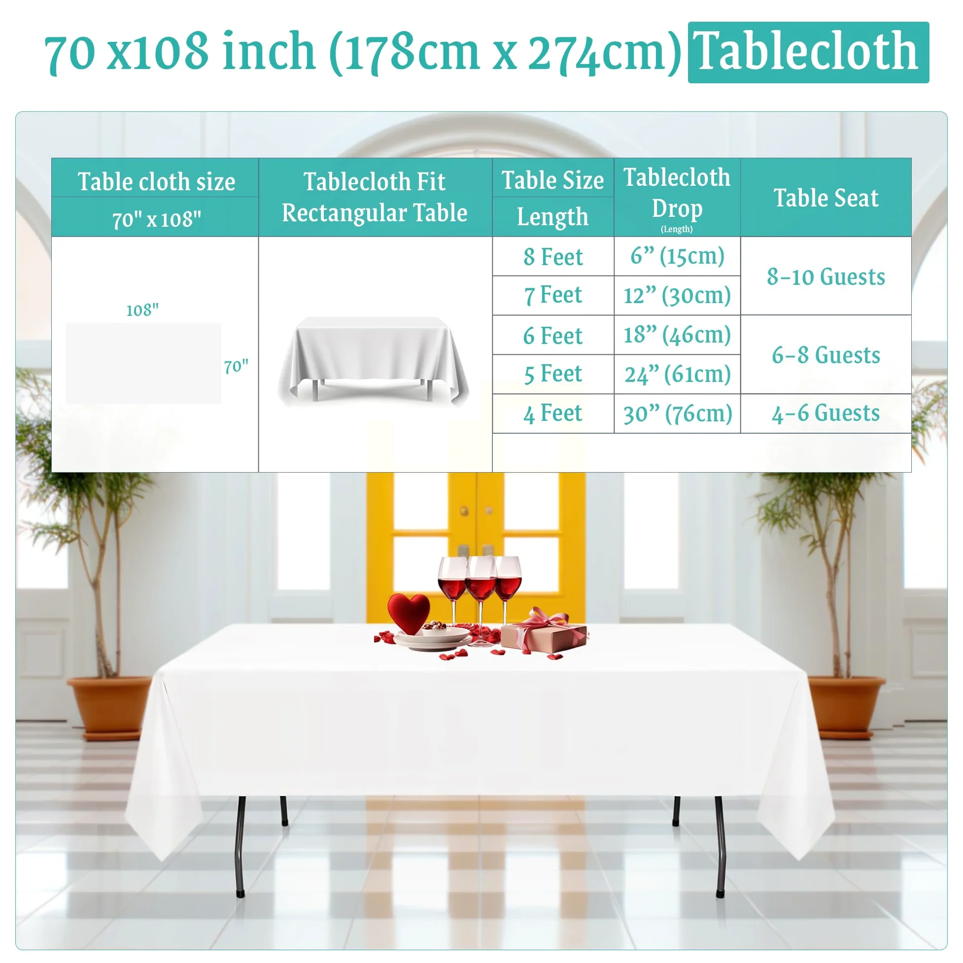Trimming Shop Mantel Tela Duradero Mantel Adornos Boda Banquetes Corporativo Fiestas Eventos - Blanco, 70 x 108 Inch Rectangle - 5pcs