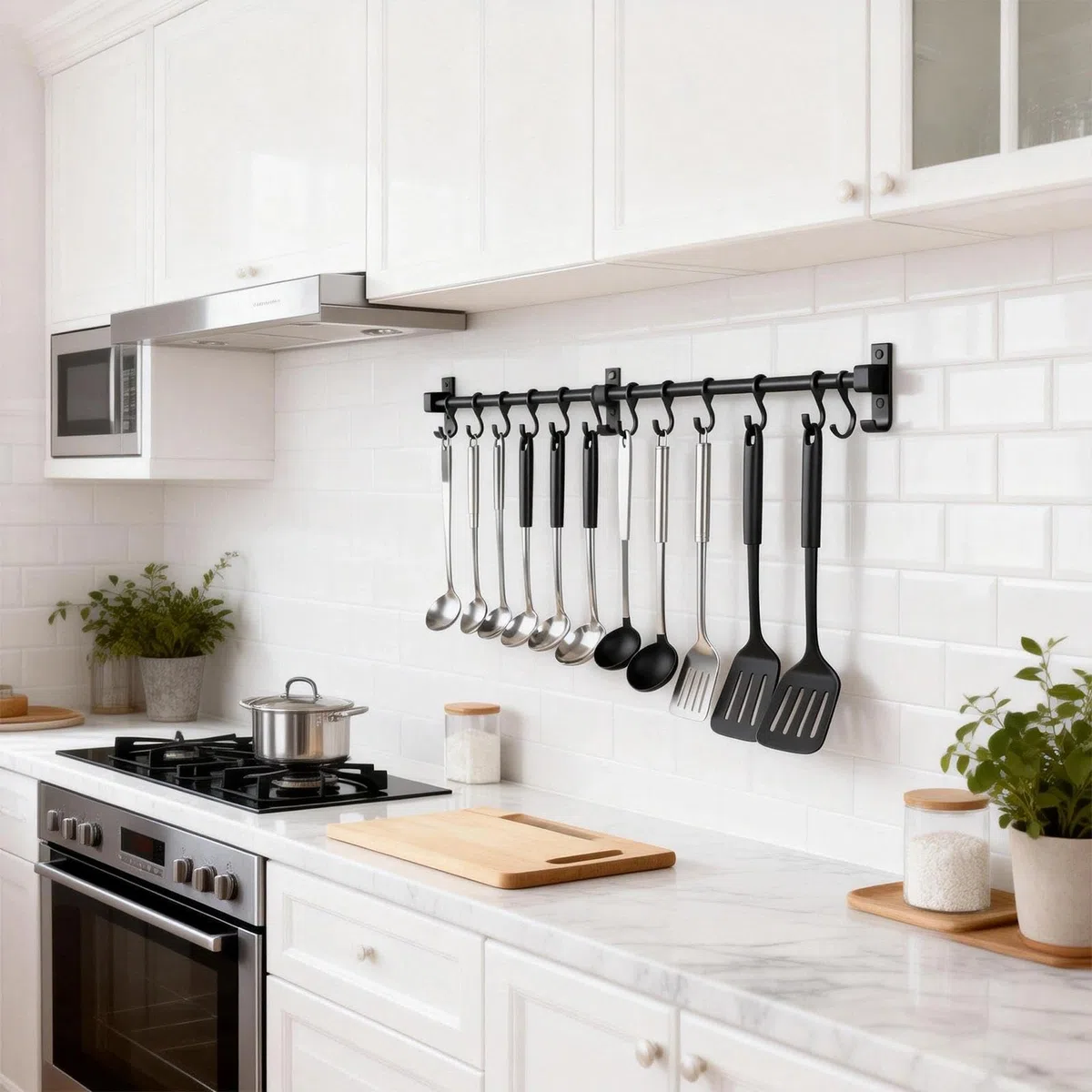 Ganchos Barra Accesorios Cocinas 80 cm, Colgador Utensilios Cocina con 12 Ganchos Extraíbles, Aluminio Barra Colgante de Cocina, Negro, para Colgar Tablas de Cortar, Cucharas, Tijeras