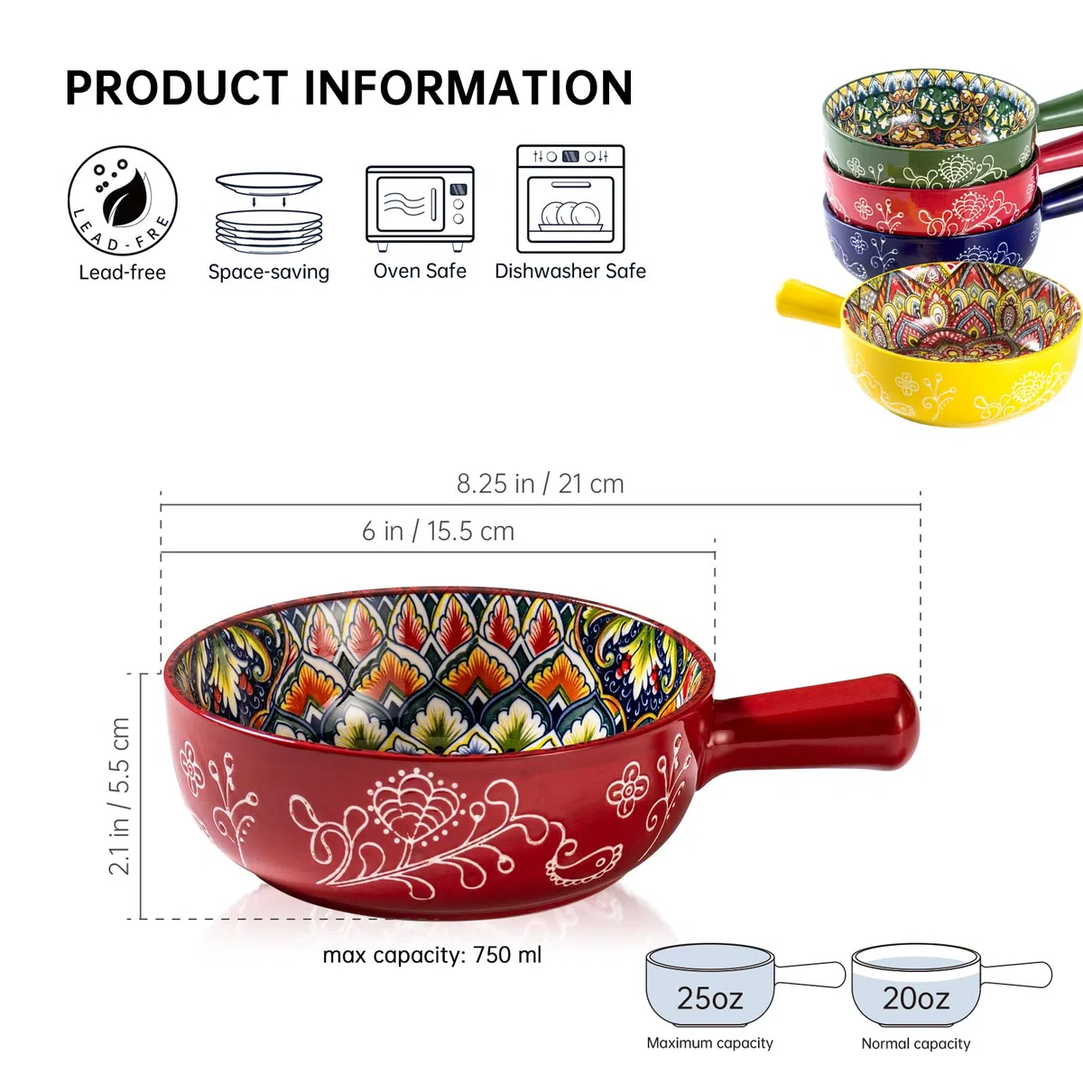 Henten Home Cuenco de Sopa con Mango, Cuencos de Cereales, Olla de Cerámica para Cereales/Sope - 750 ml, Cuencos para Sopa con Cebolla Francesa, Cuenco Microondas y Horno - Estilo Bohemio