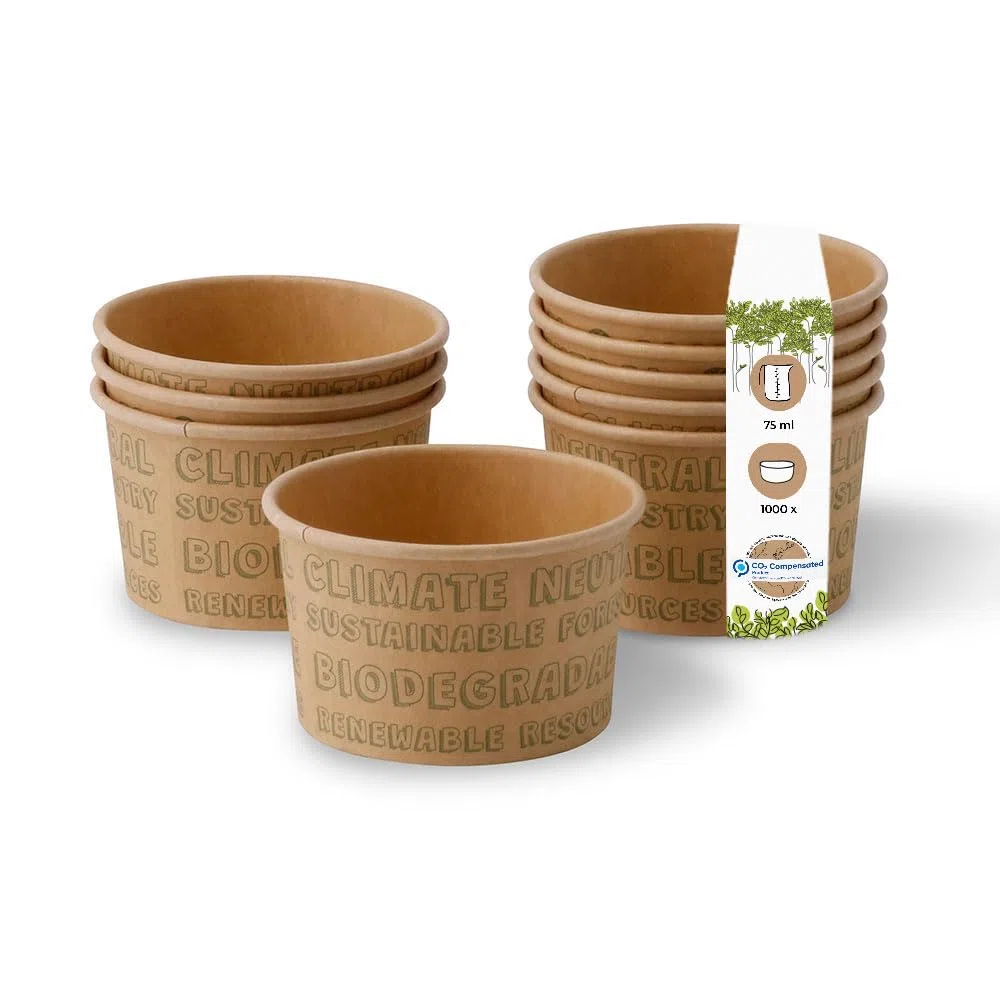 BIOZOYG Vasos para helado 1000 unidades I Vasos de cartón kraft marrón I Vasos compostables sin blanquearI cuencos para To Go I tazas de cartón biodegradables 75ml