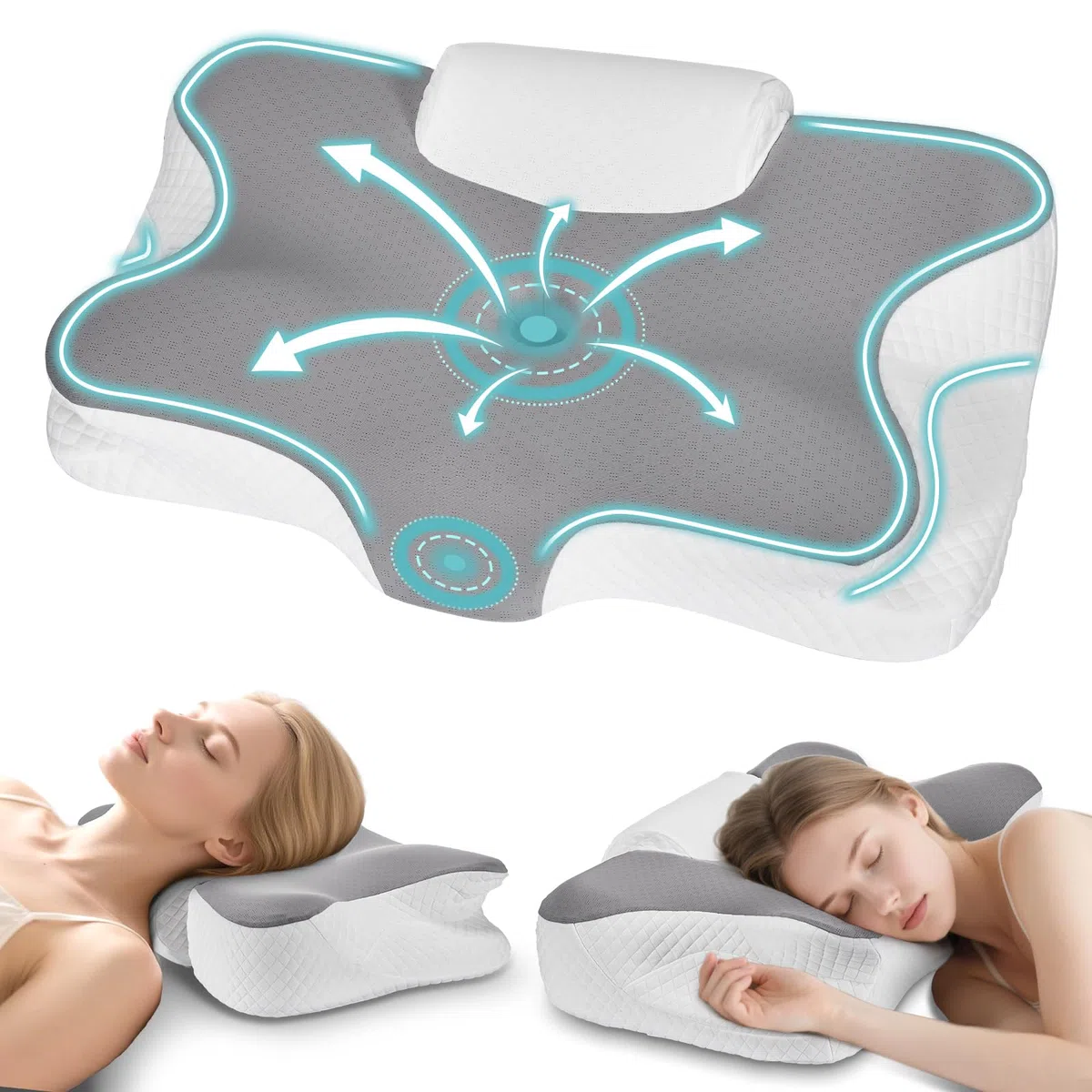 Almohada Cervical 2 en 1 Almohada Ergonómica de Espuma de Memoria para Dormir Soporte para Cabeza, Cuello y Hombro 61x41x12/13 cm
