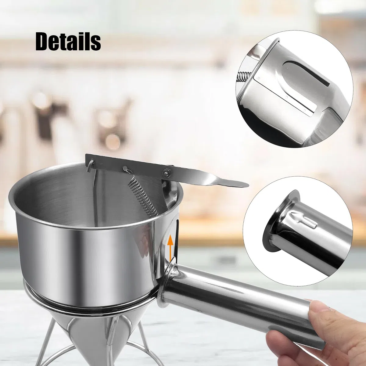 Dispensador de masa de panqueques de acero inoxidable, dispensador de pasteles de embudo de 0.6 L con soporte, herramienta de horneado resistente para cupcakes, gofres y pasteles
