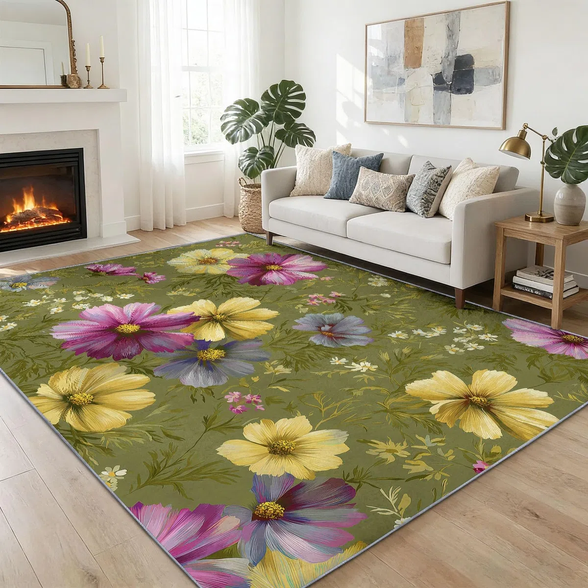 Alfombra de área de 180 x 240 cm, diseño de margaritas Cosmos con flores silvestres, lavable, antideslizante, alfombra antideslizante para dormitorio, sala de estar, alfombra de suelo de pelo corto